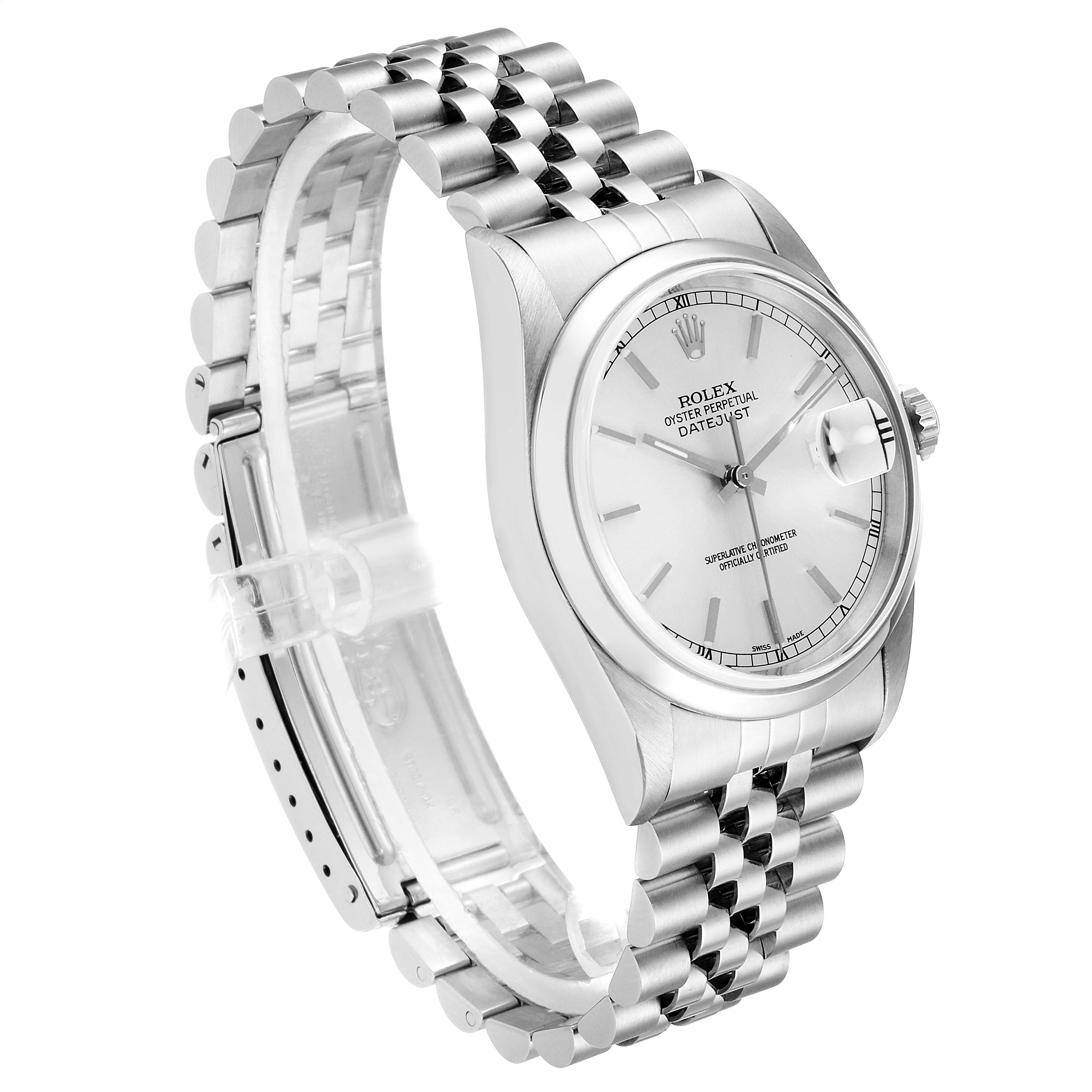This image shows a Rolex Datejust 16200 Men's Stainless Steel Silver Dial 16200 Men's Stainless Steel Silver Dial watch at a three-quarter angle, highlighting the dial, bezel, and Jubilee bracelet.