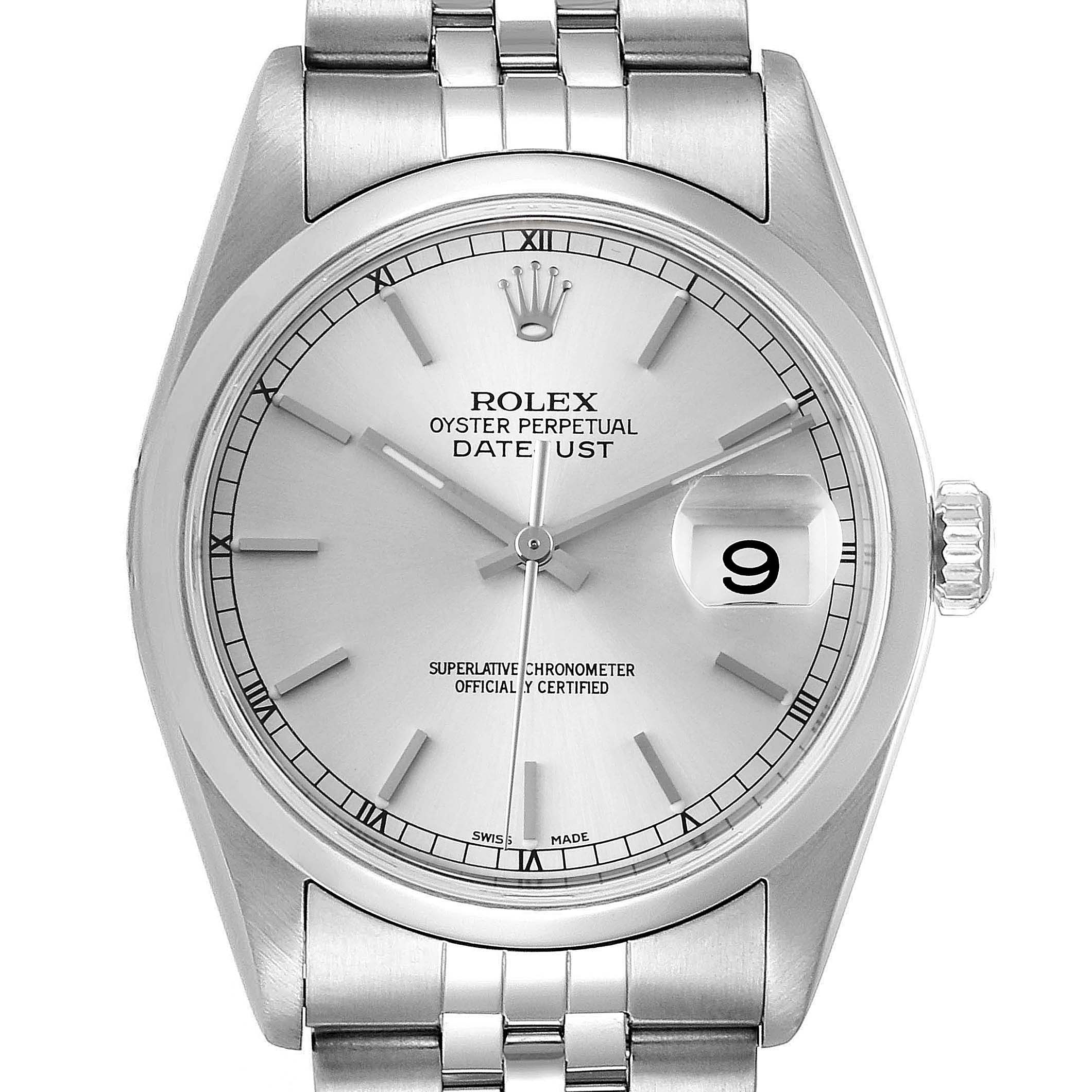 The image shows a front view of a Rolex Datejust 16200 Men's Stainless Steel Silver Dial 16200 Men's Stainless Steel Silver Dial watch, focusing on the dial and bracelet.