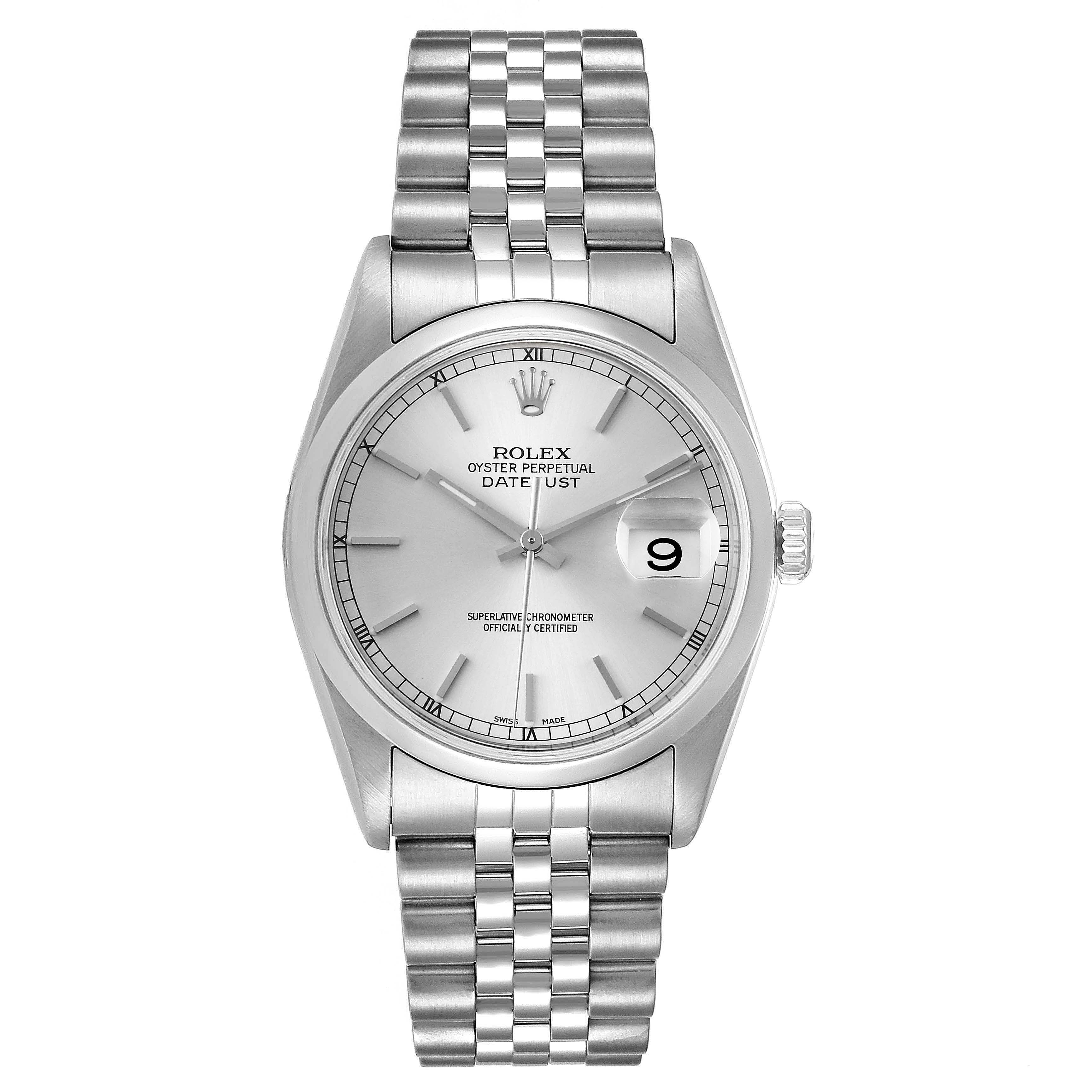 This Rolex Datejust 16200 Men's Stainless Steel Silver Dial 16200 Men's Stainless Steel Silver Dial watch is shown from a straightforward angle, displaying the dial, bezel, crown, and bracelet.