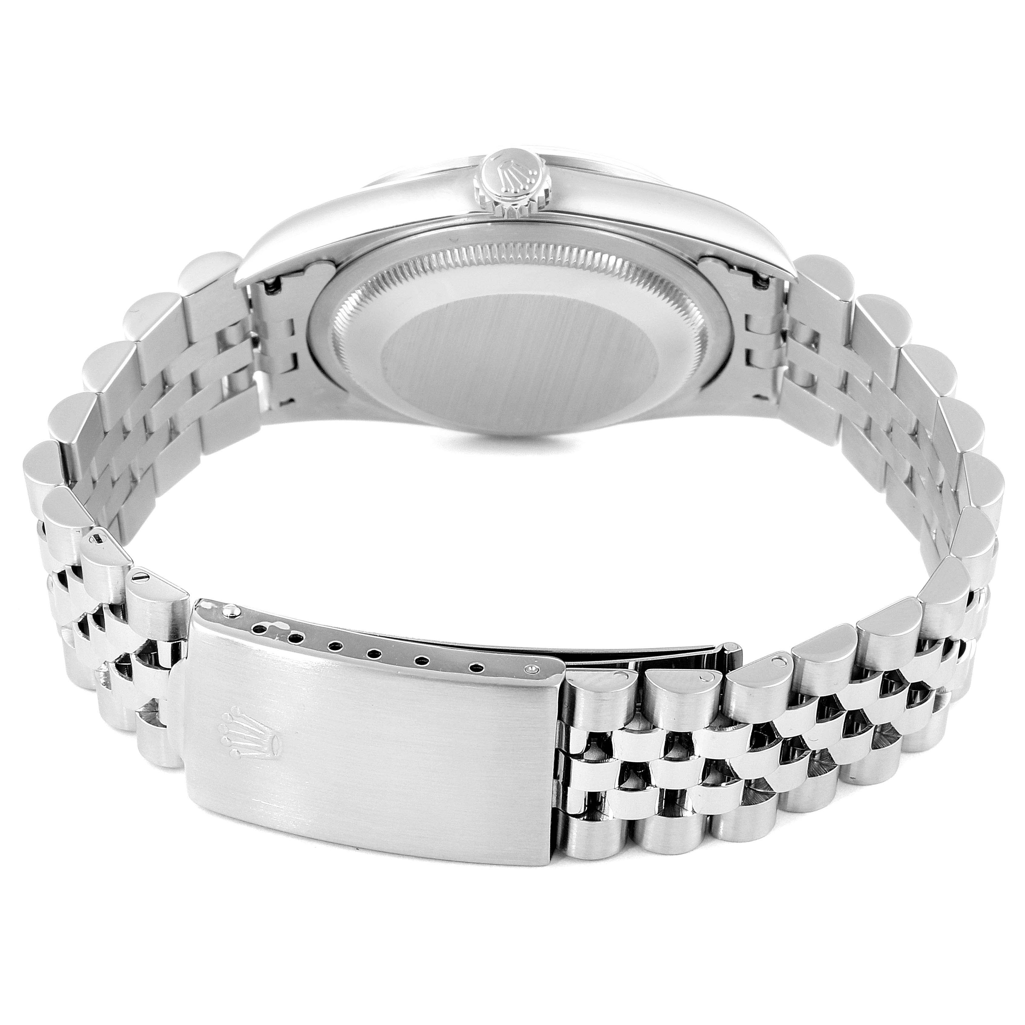 This image shows the back view of a Rolex Datejust 16200 Men's Stainless Steel Silver Dial 16200 Men's Stainless Steel Silver Dial watch, highlighting its case back, crown, and bracelet with clasp.