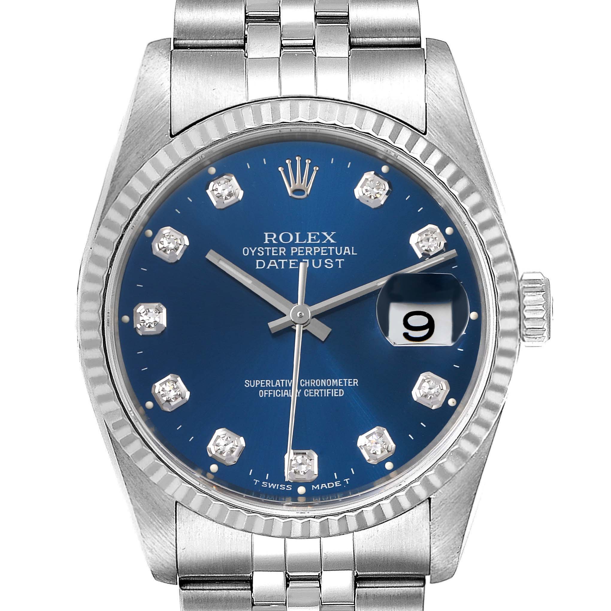 The image shows a front view of a Rolex Datejust 16234 Men
s Stainless Steel Blue Dial 16234 Men
s Stainless Steel Blue Dial watch, highlighting its blue dial, date window, and stainless steel bracelet.