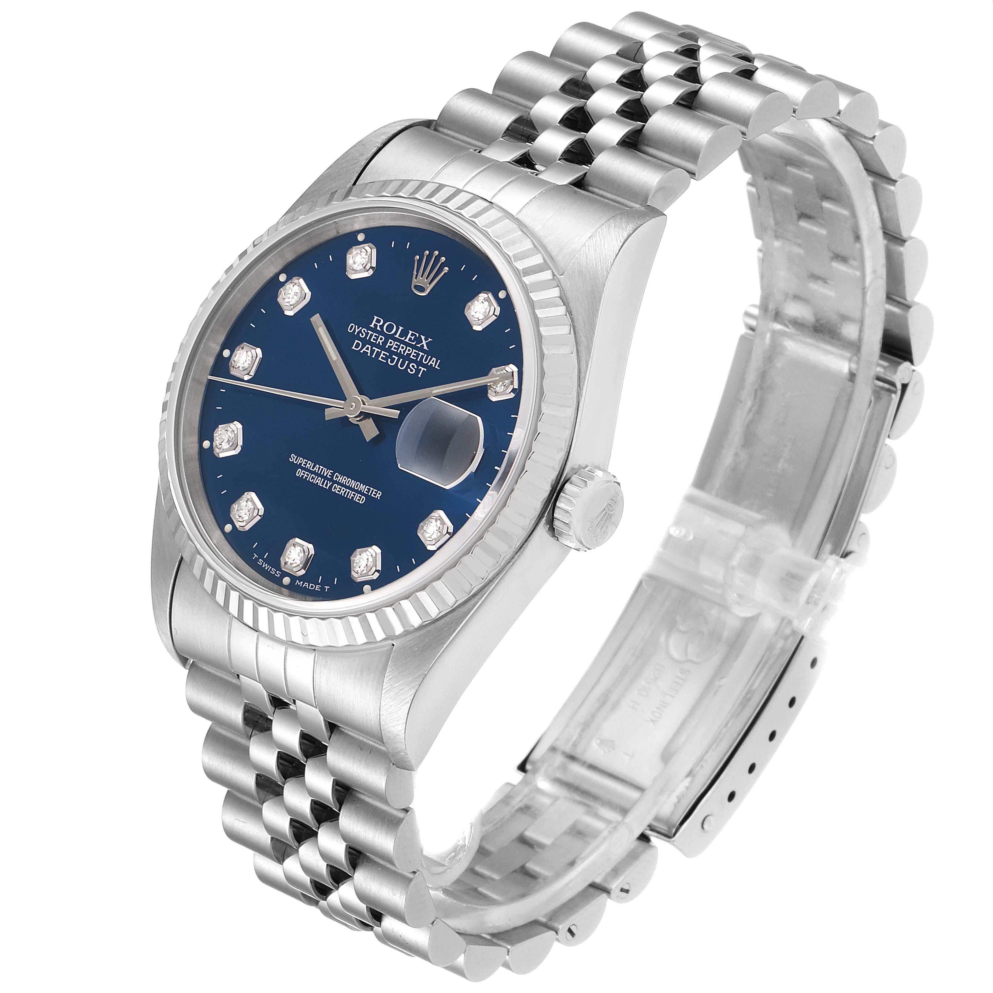 The Rolex Datejust 16234 Men
s Stainless Steel Blue Dial 16234 Men
s Stainless Steel Blue Dial watch is shown at a three-quarter angle, displaying its blue dial, stainless steel case, and jubilee bracelet.