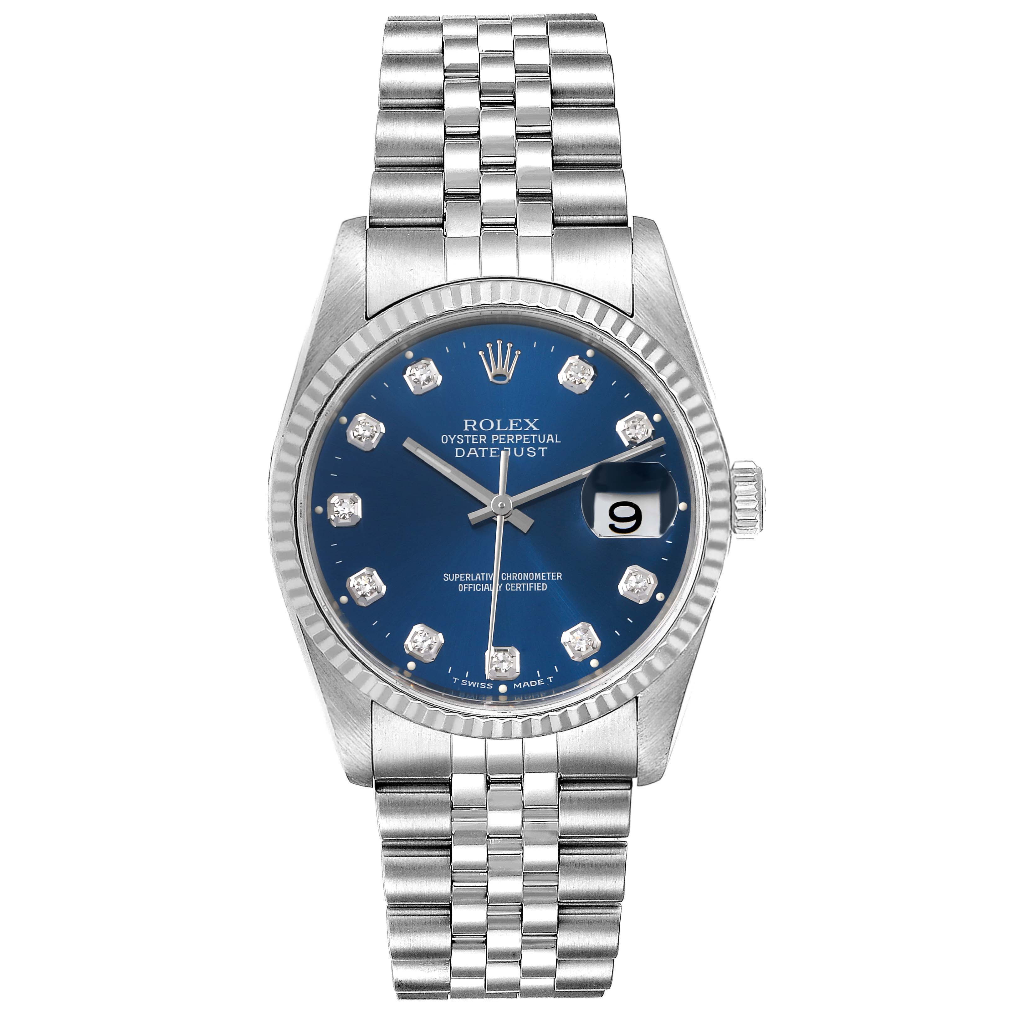 The Rolex Datejust 16234 Men
s Stainless Steel Blue Dial 16234 Men
s Stainless Steel Blue Dial watch is shown from a front angle, displaying the dial, bezel, crown, and bracelet.