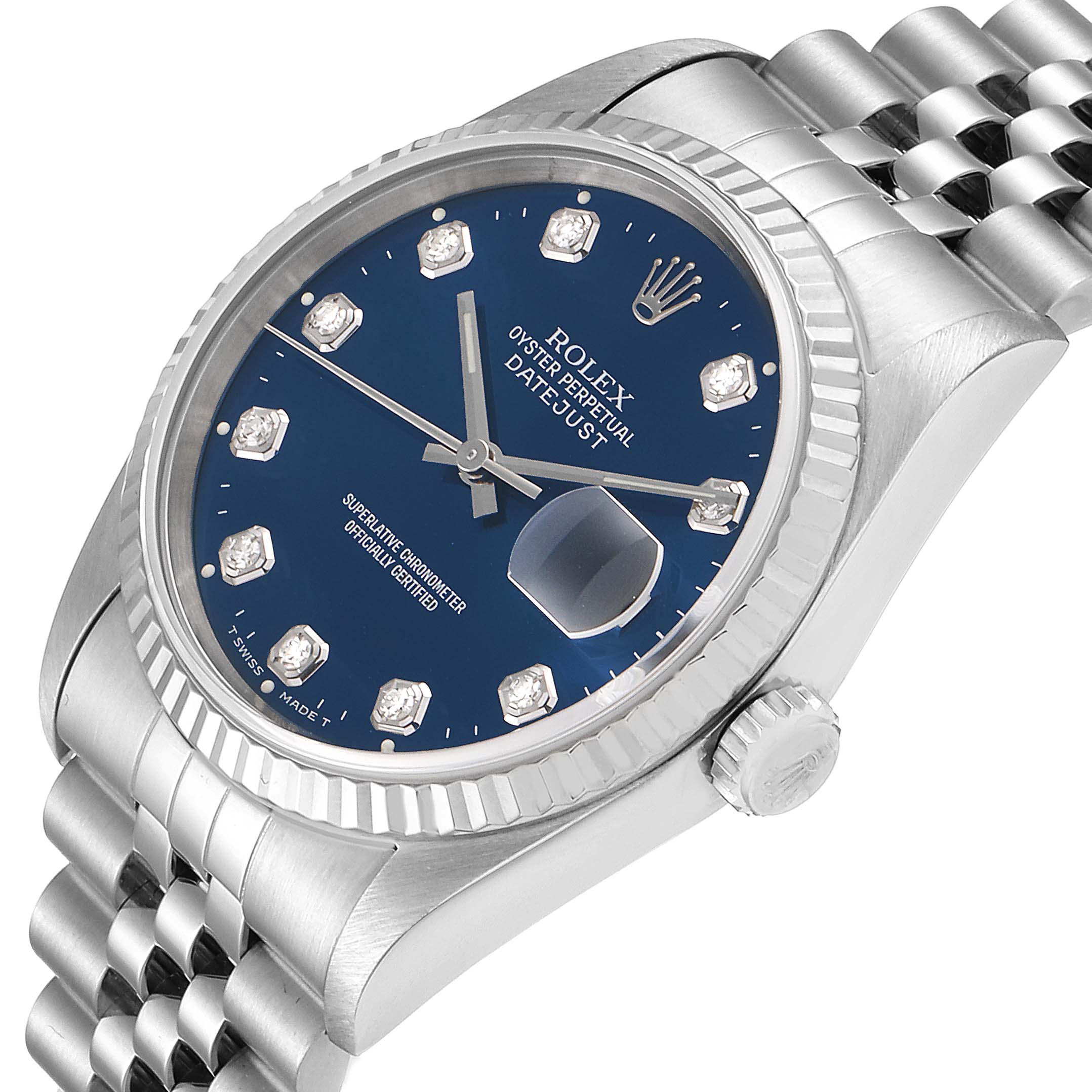 The image shows a close-up, angled view of a Rolex Datejust 16234 Men
s Stainless Steel Blue Dial 16234 Men
s Stainless Steel Blue Dial watch, focusing on the dial, fluted bezel, and bracelet.