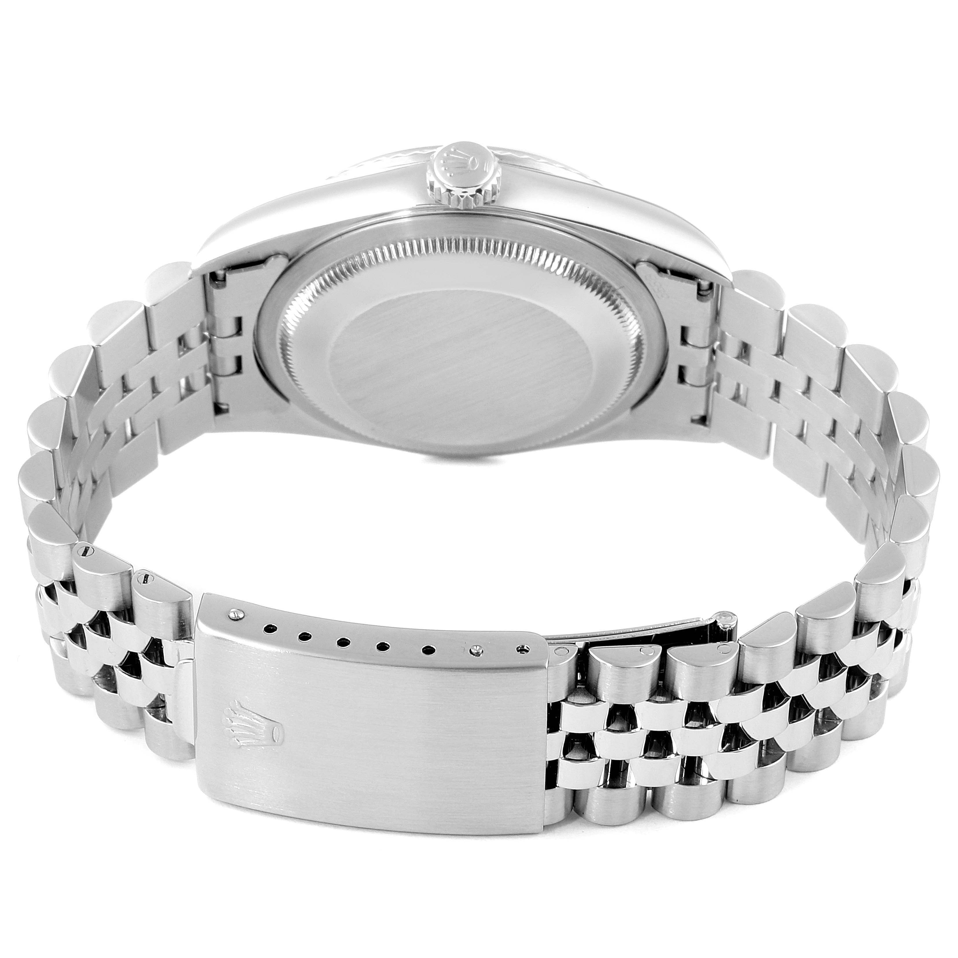 This image shows the back of a Rolex Datejust 16234 Men
s Stainless Steel Blue Dial 16234 Men
s Stainless Steel Blue Dial watch, highlighting the caseback, clasp, and Jubilee bracelet.