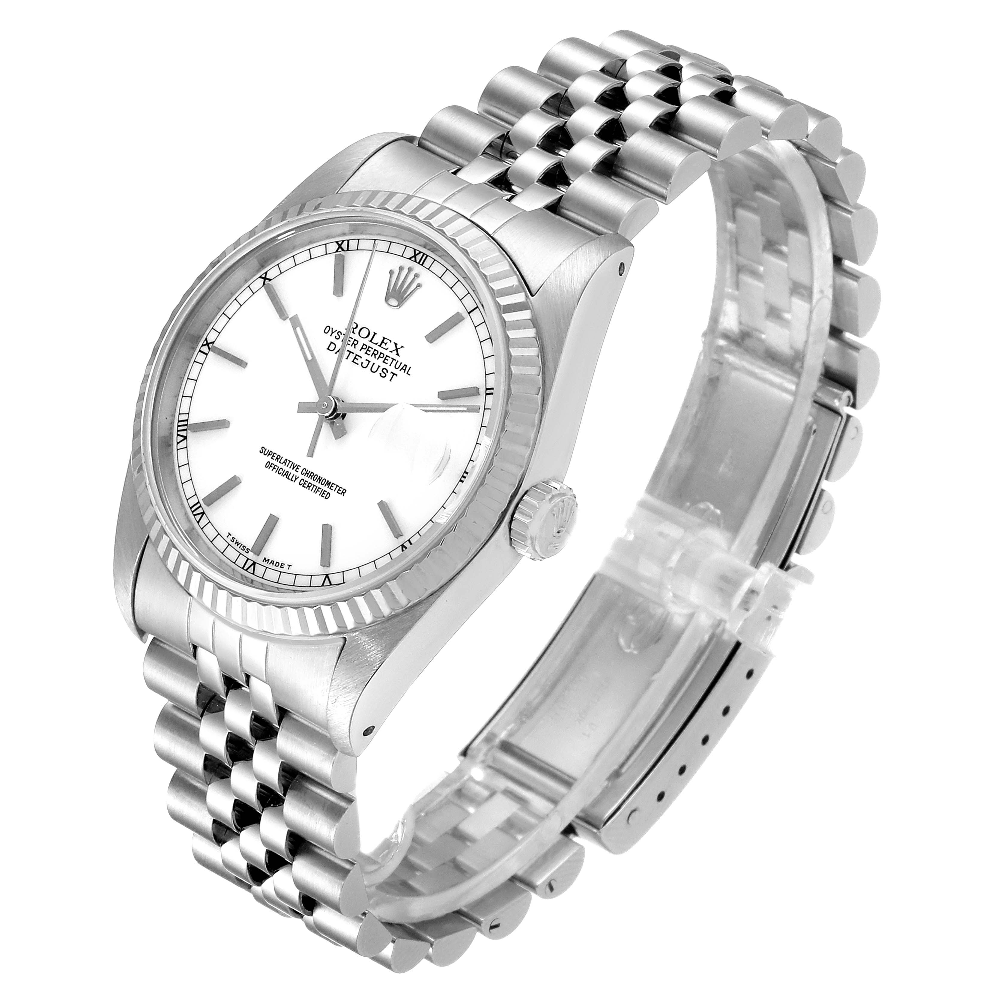 The image shows a Rolex Datejust 16234 Men
s Stainless Steel White Dial 16234 Men
s Stainless Steel White Dial watch from a front-side angle, highlighting the face, bezel, and jubilee bracelet.
