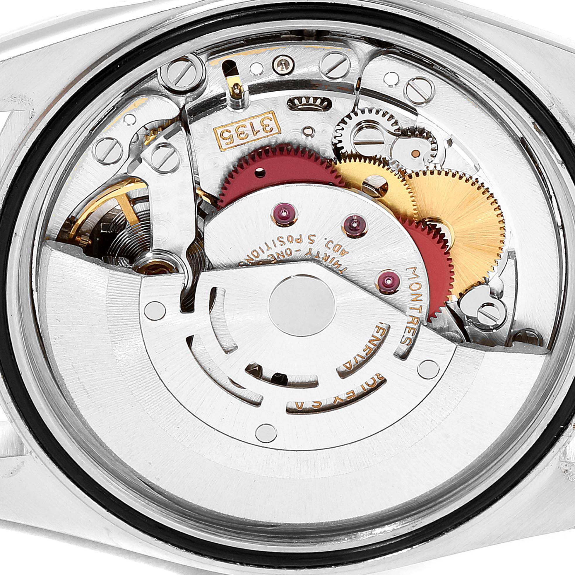 The image shows the internal mechanical movement of a Rolex Datejust 16234 Men
s Stainless Steel White Dial 16234 Men
s Stainless Steel White Dial watch from a rear angle.