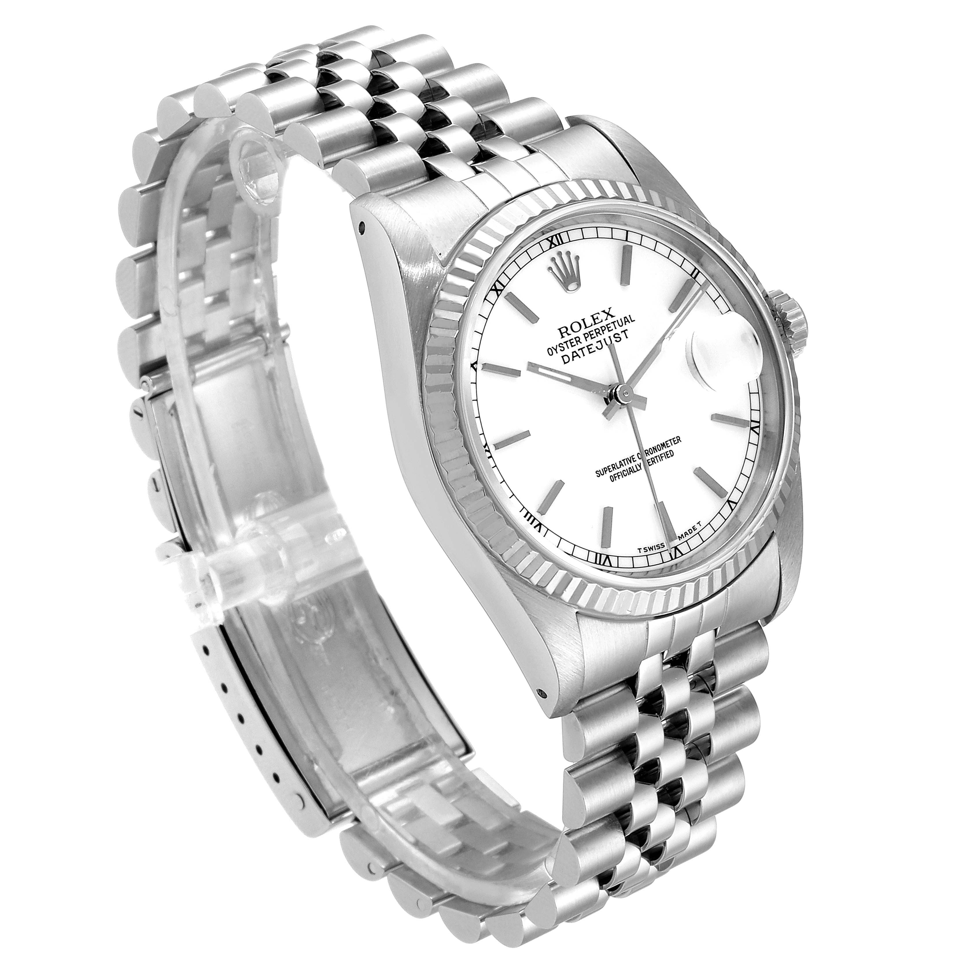 The image shows a Rolex Datejust 16234 Men
s Stainless Steel White Dial 16234 Men
s Stainless Steel White Dial watch at a three-quarter angle, displaying the face, bezel, crown, and bracelet.