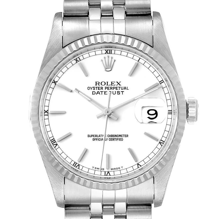 Rolex Datejust 36 Steel White Gold White Dial Mens Watch 16234 Box SwissWatchExpo