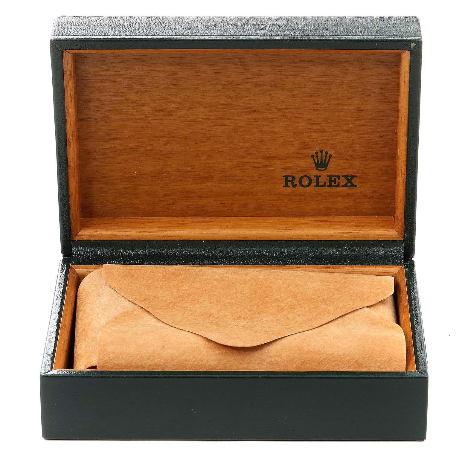 The image shows an open Rolex Datejust 16234 Men
s Stainless Steel White Dial 16234 Men
s Stainless Steel White Dial watch box, with the watch inside a brown paper sleeve.