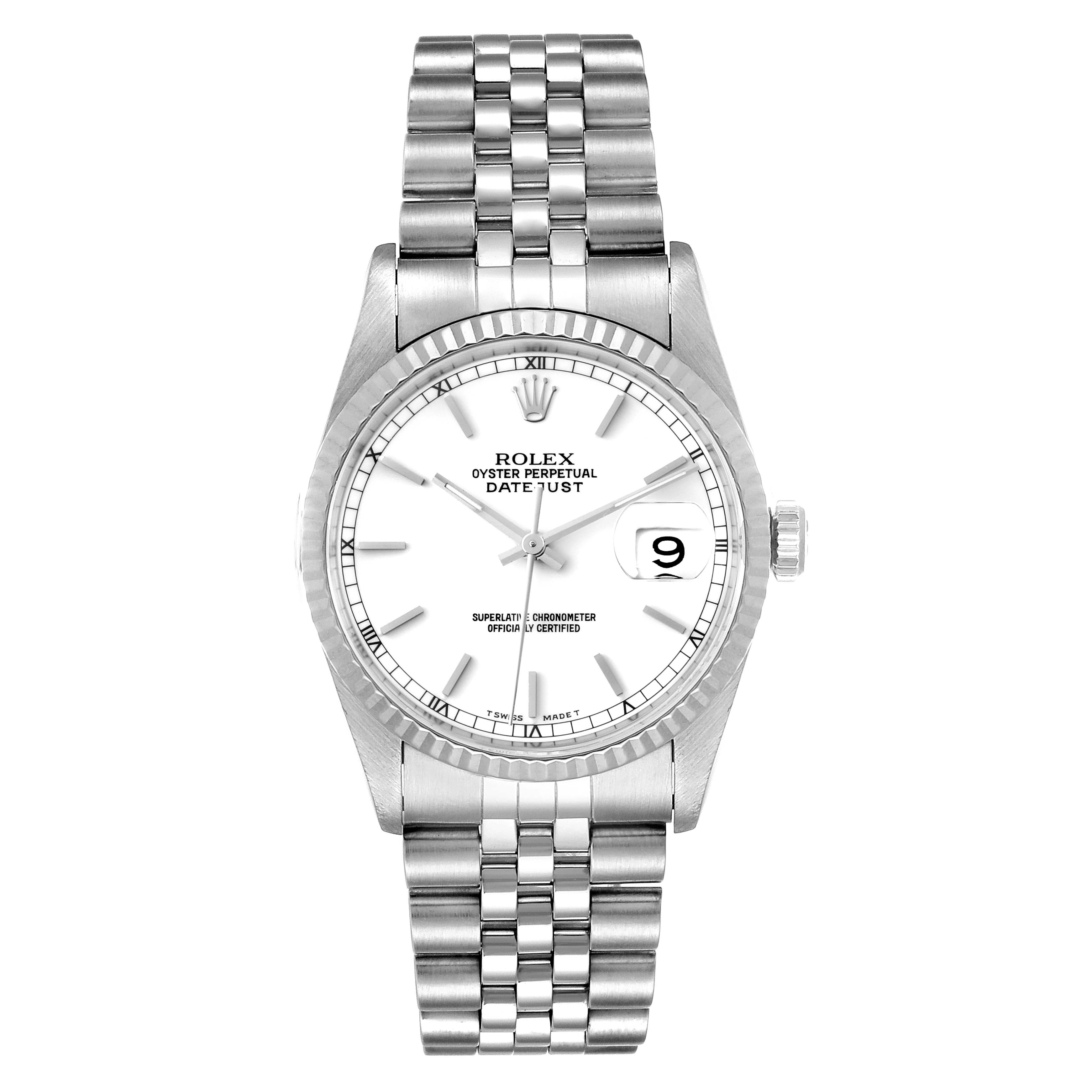 The image shows a frontal view of a Rolex Datejust 16234 Men
s Stainless Steel White Dial 16234 Men
s Stainless Steel White Dial watch, showcasing its bracelet, dial, and date window.