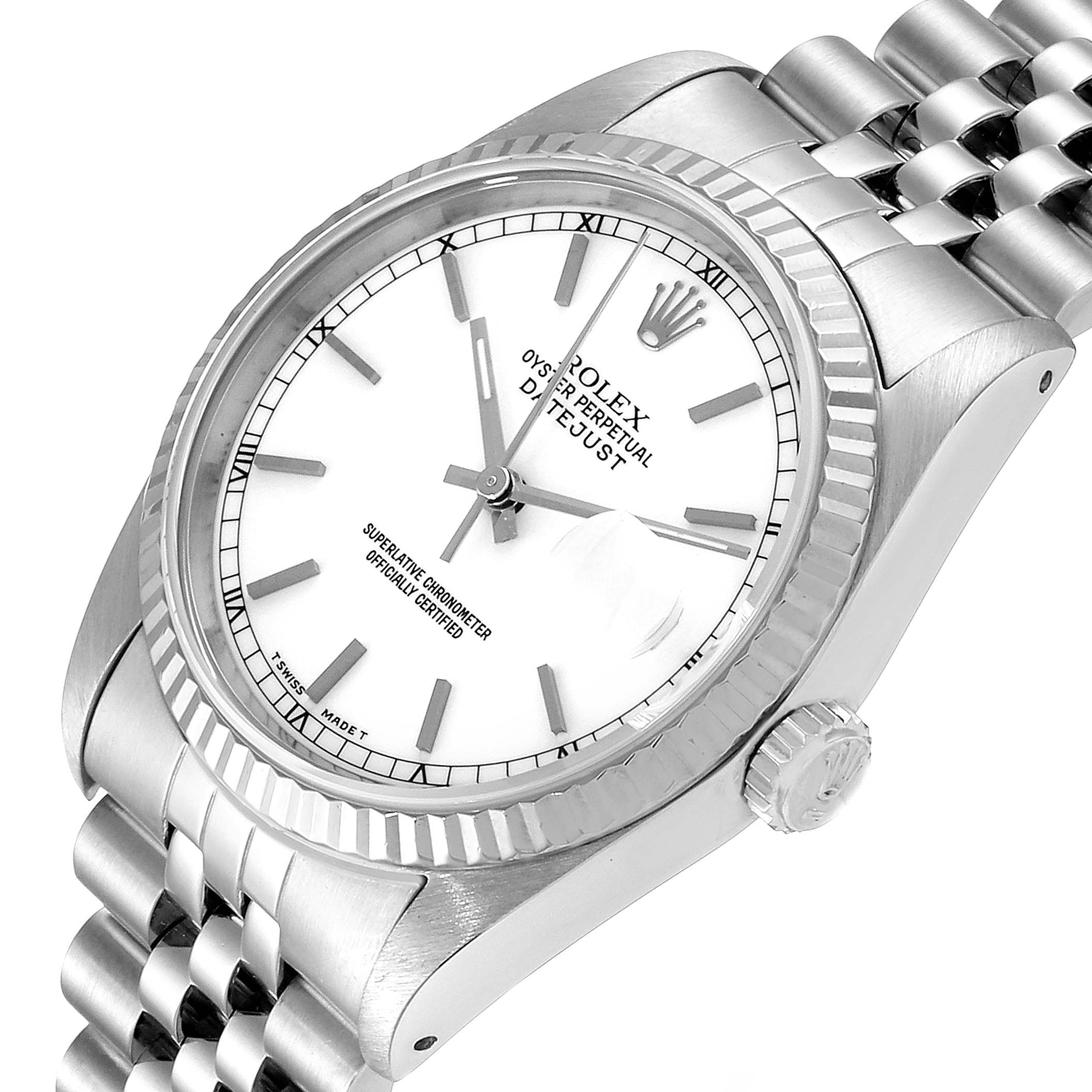 This image shows a Rolex Datejust 16234 Men
s Stainless Steel White Dial 16234 Men
s Stainless Steel White Dial watch at a slight angle, highlighting the dial, bezel, crown, and part of the bracelet.