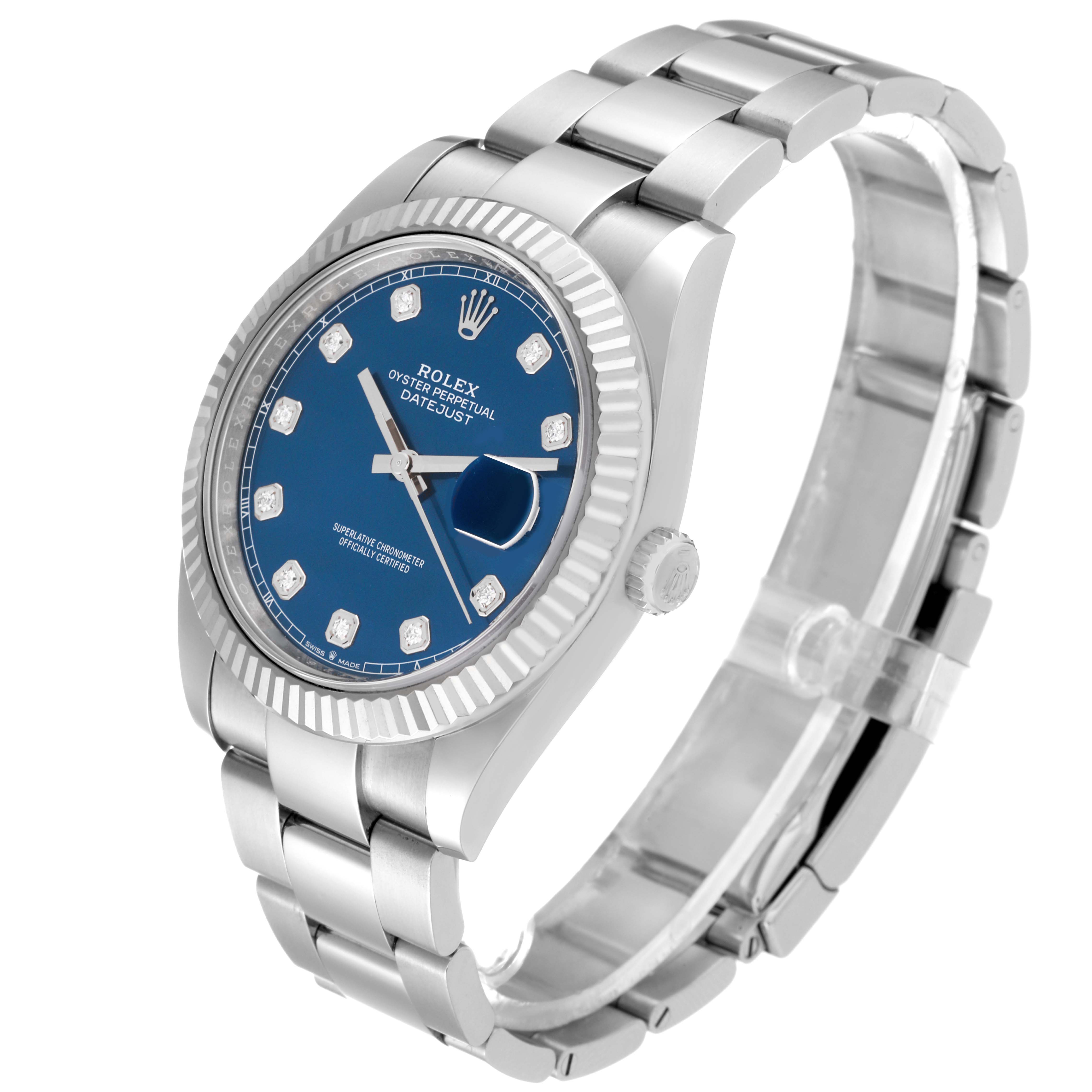 This image shows the Rolex Datejust 41 126334 Men
s Stainless Steel Blue Dial 126334 Men
s Stainless Steel Blue Dial watch at a three-quarter angle, highlighting its blue dial, fluted bezel, and bracelet.