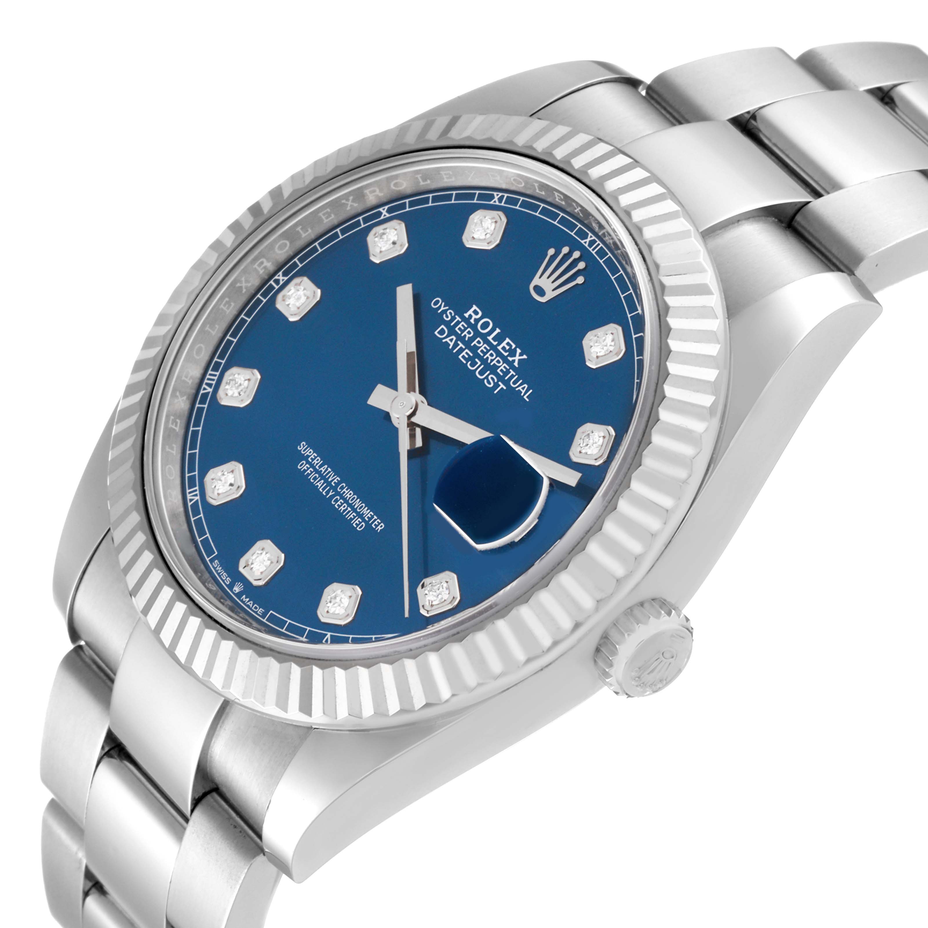 The image shows a close-up side angle of the Rolex Datejust 41 126334 Men
s Stainless Steel Blue Dial 126334 Men
s Stainless Steel Blue Dial watch, highlighting its blue dial, diamond hour markers, and fluted bezel.