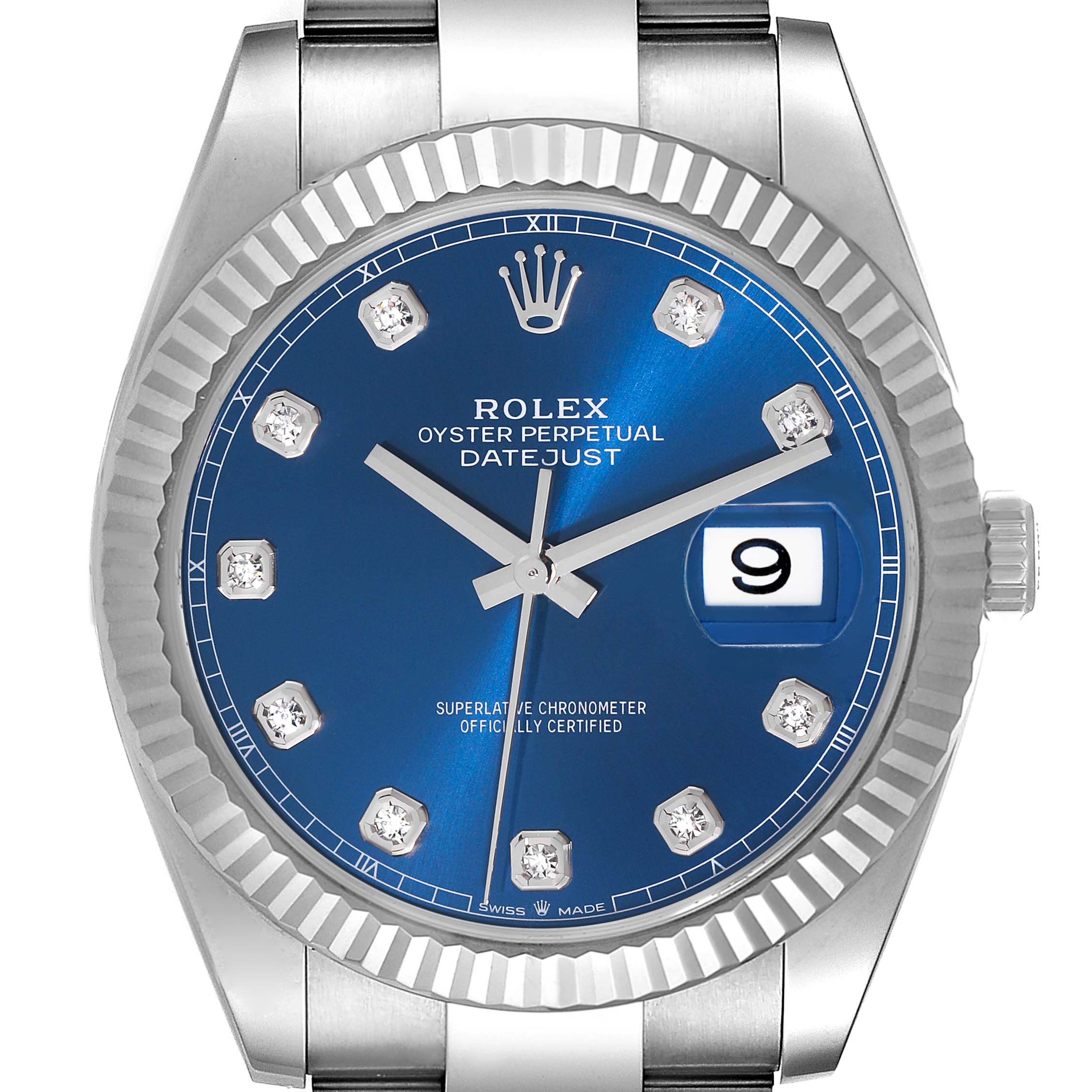 This image shows a close-up frontal view of the Rolex Datejust 41 126334 Men
s Stainless Steel Blue Dial 126334 Men
s Stainless Steel Blue Dial, highlighting its blue dial and fluted bezel.