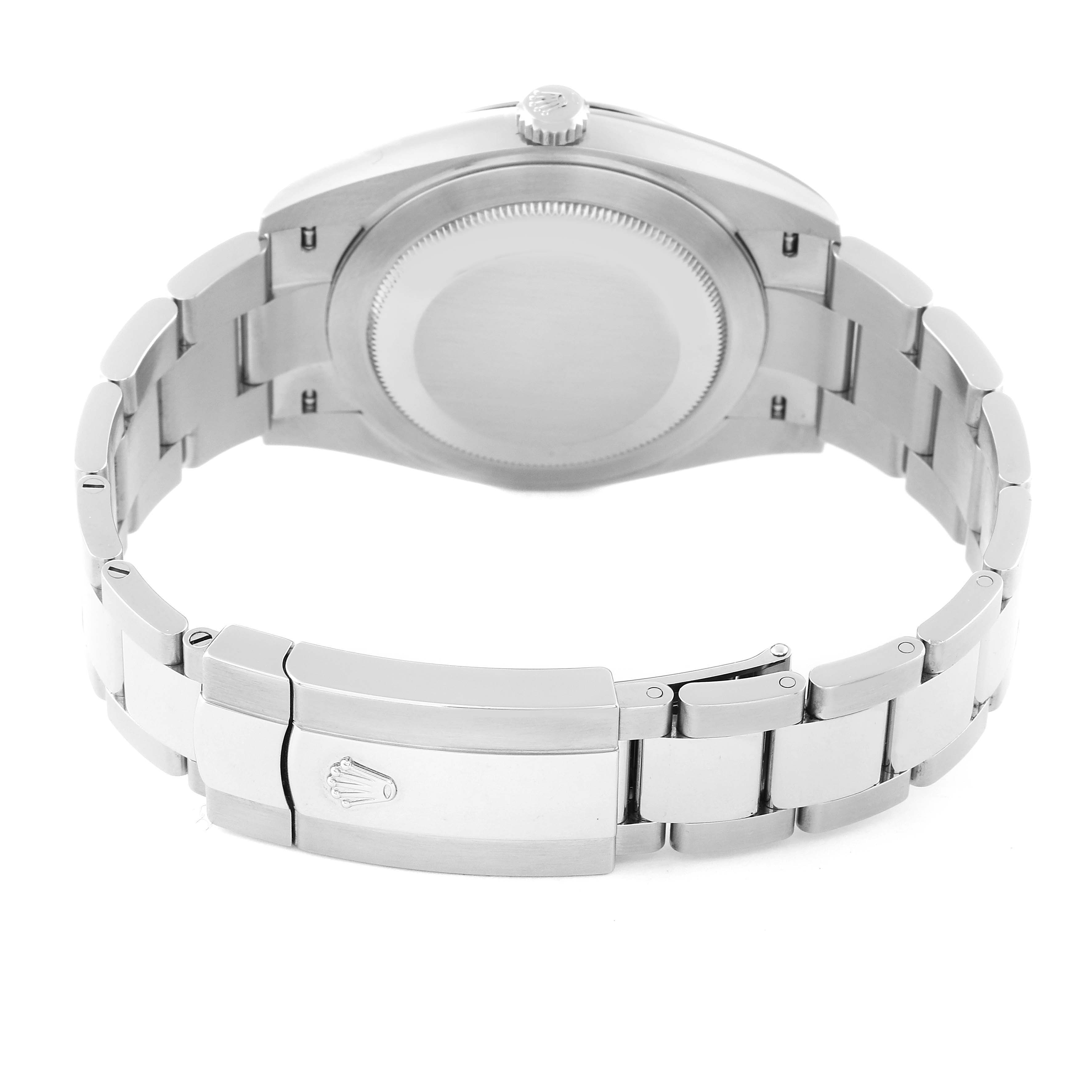 The image shows the back view of a Rolex Datejust 41 126334 Men
s Stainless Steel Blue Dial 126334 Men
s Stainless Steel Blue Dial watch, highlighting the bracelet and clasp.