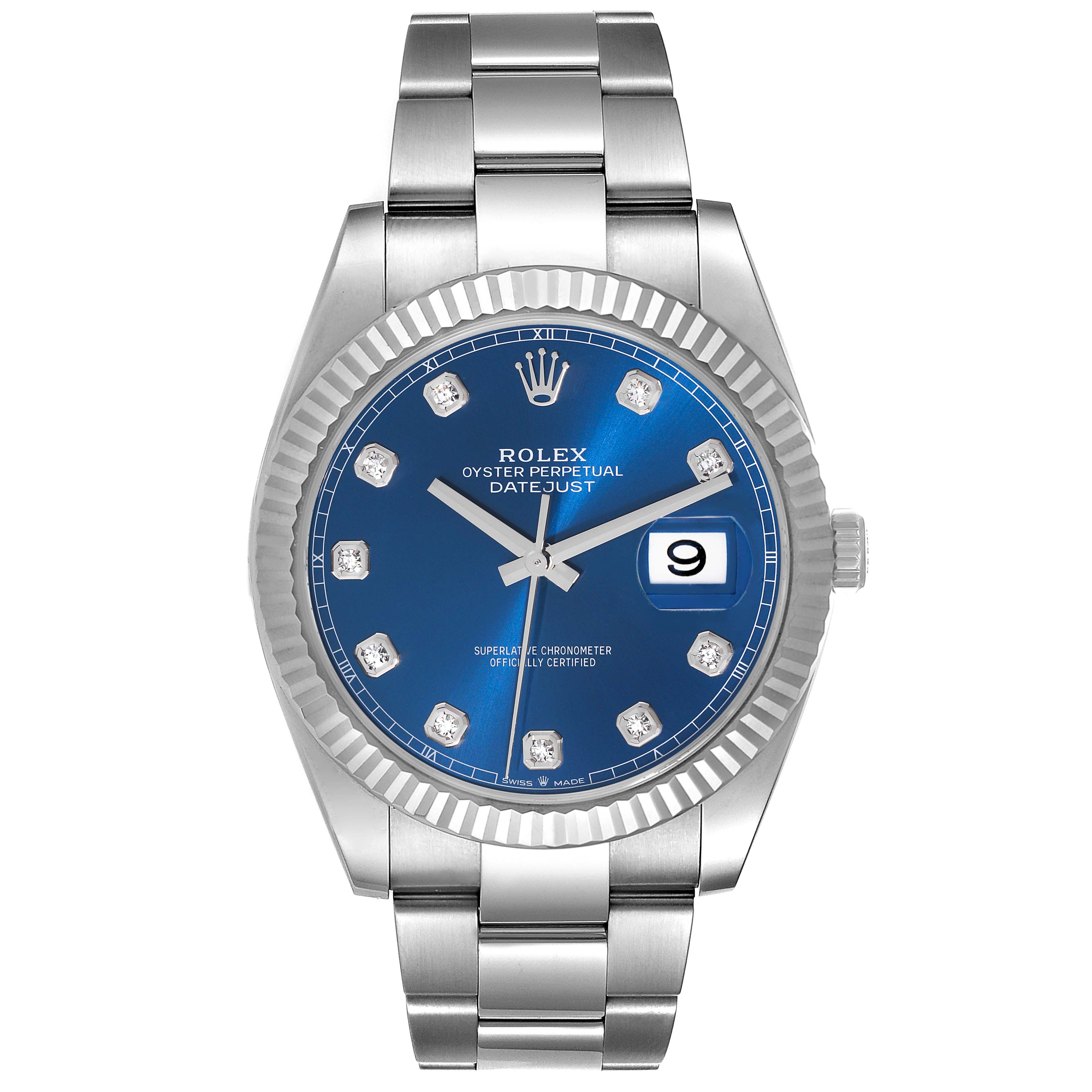 This image shows a Rolex Datejust 41 126334 Men
s Stainless Steel Blue Dial 126334 Men
s Stainless Steel Blue Dial watch from a front angle, highlighting its blue dial, markers, date window, and stainless steel bracelet.