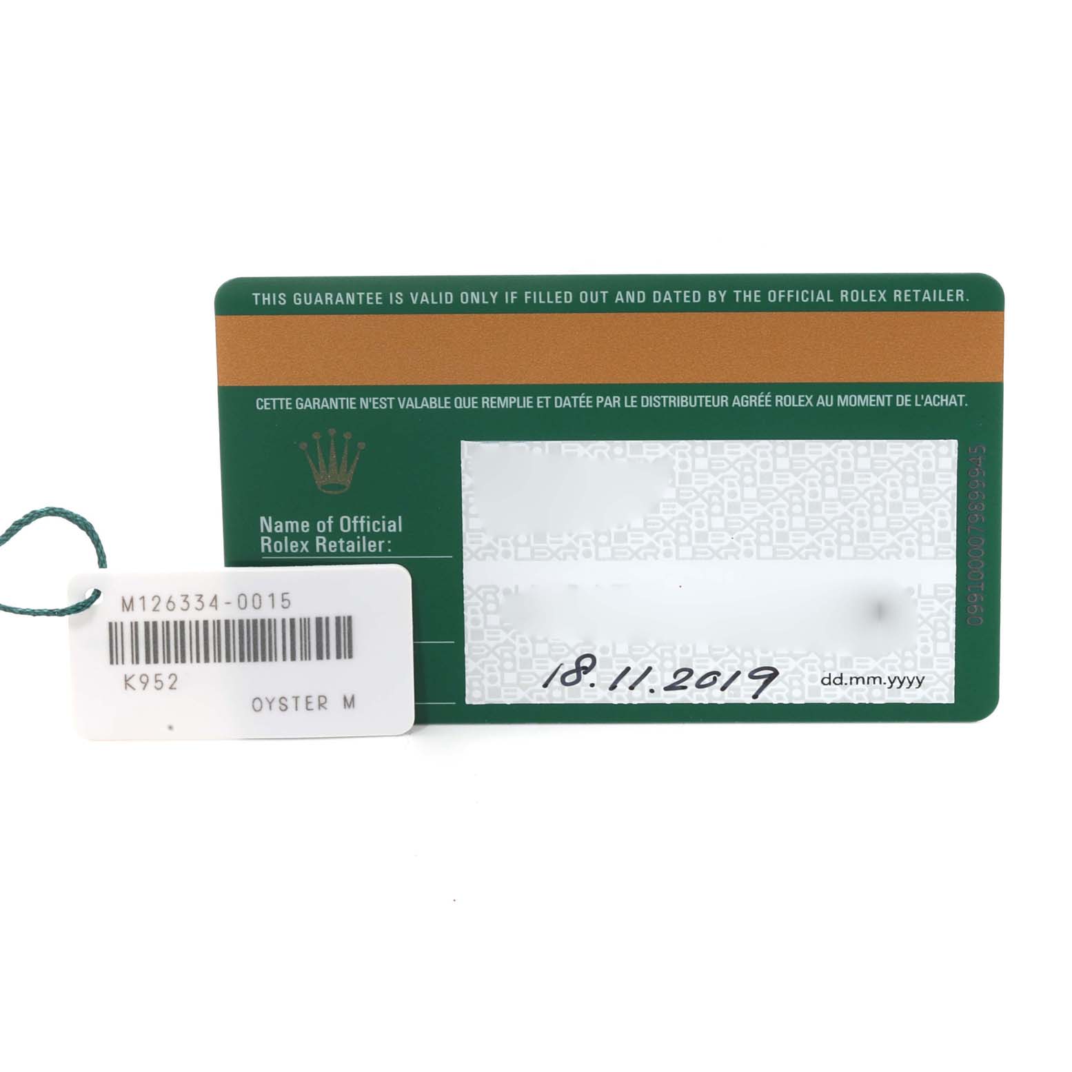 The image shows the warranty card and serial tag for a Rolex Datejust 41 126334 Men
s Stainless Steel Blue Dial 126334 Men
s Stainless Steel Blue Dial model.