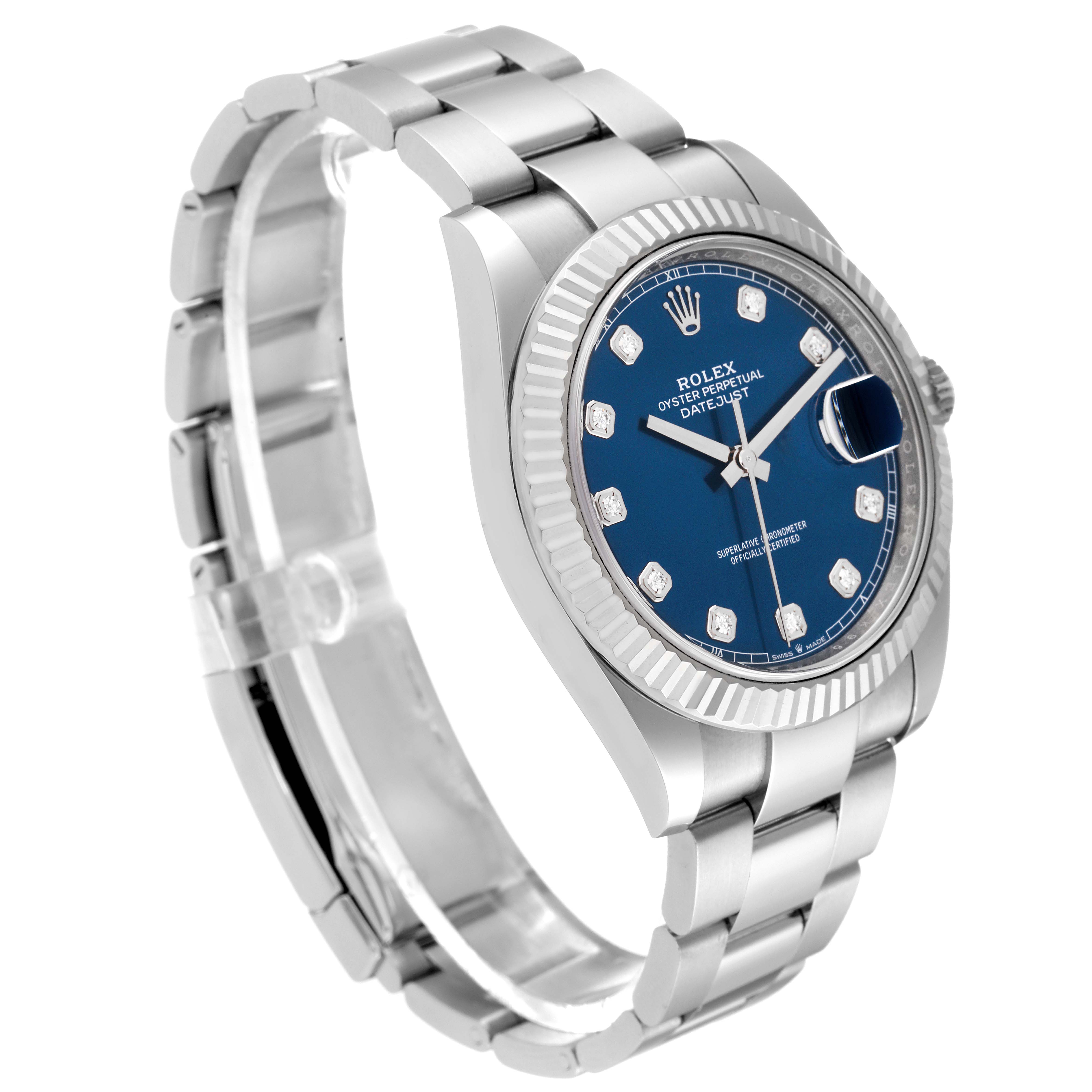 The Rolex Datejust 41 126334 Men
s Stainless Steel Blue Dial 126334 Men
s Stainless Steel Blue Dial watch is shown from an angled side view, displaying its bracelet, bezel, and dial.