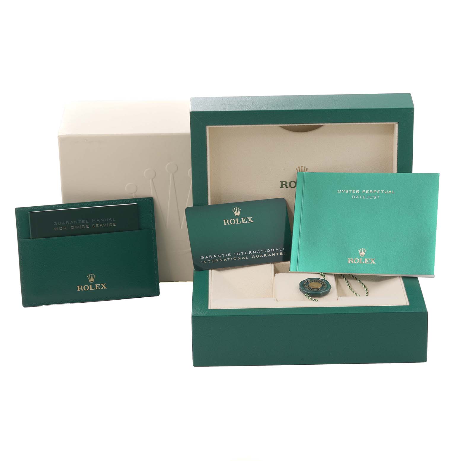 The image shows the packaging, warranty cards, and accessories for a Rolex Datejust 41 126334 Men
s Stainless Steel Blue Dial 126334 Men
s Stainless Steel Blue Dial.