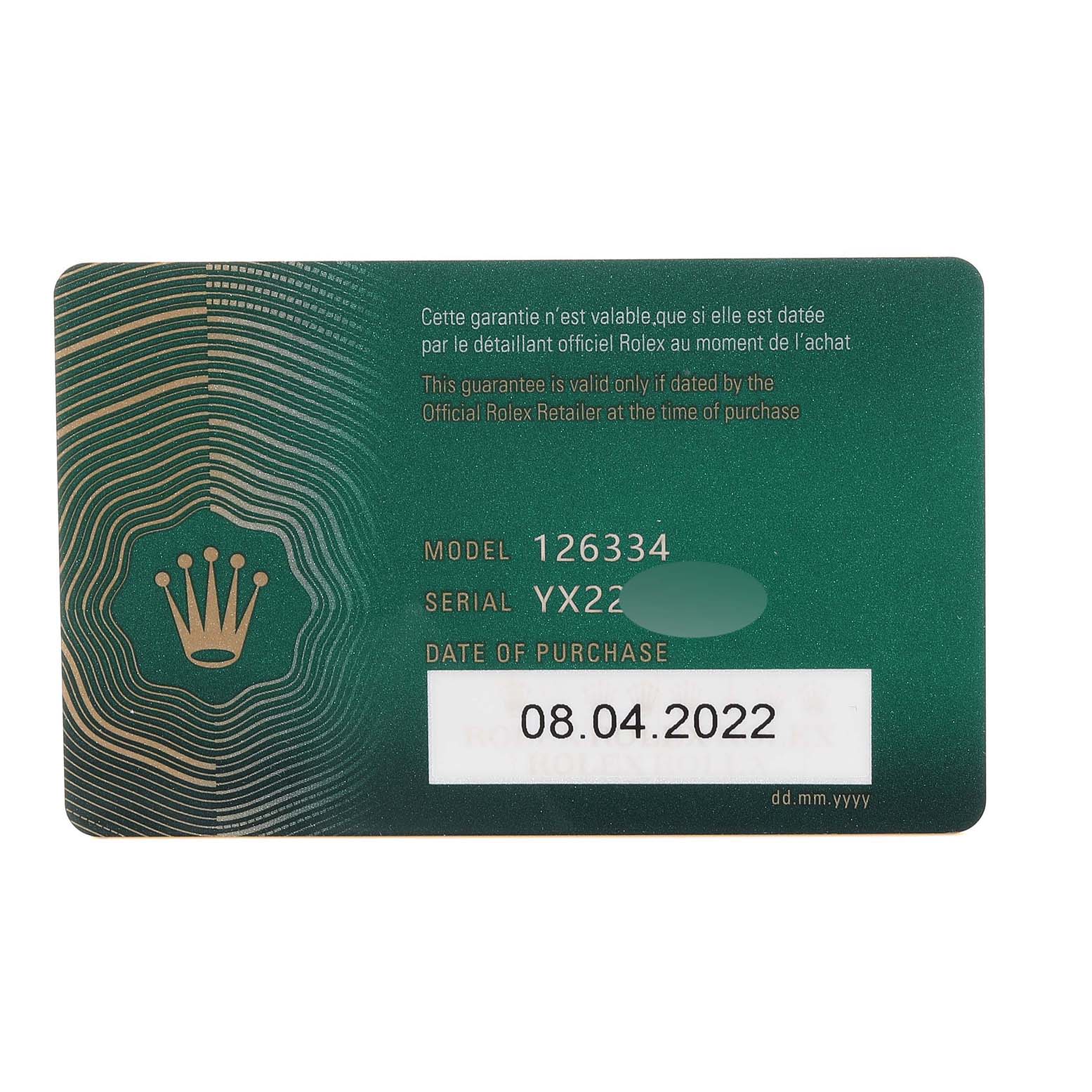 This is the warranty card for the Rolex Datejust 41 126334 Men
s Stainless Steel Blue Dial 126334 Men
s Stainless Steel Blue Dial model with the model number 126334.