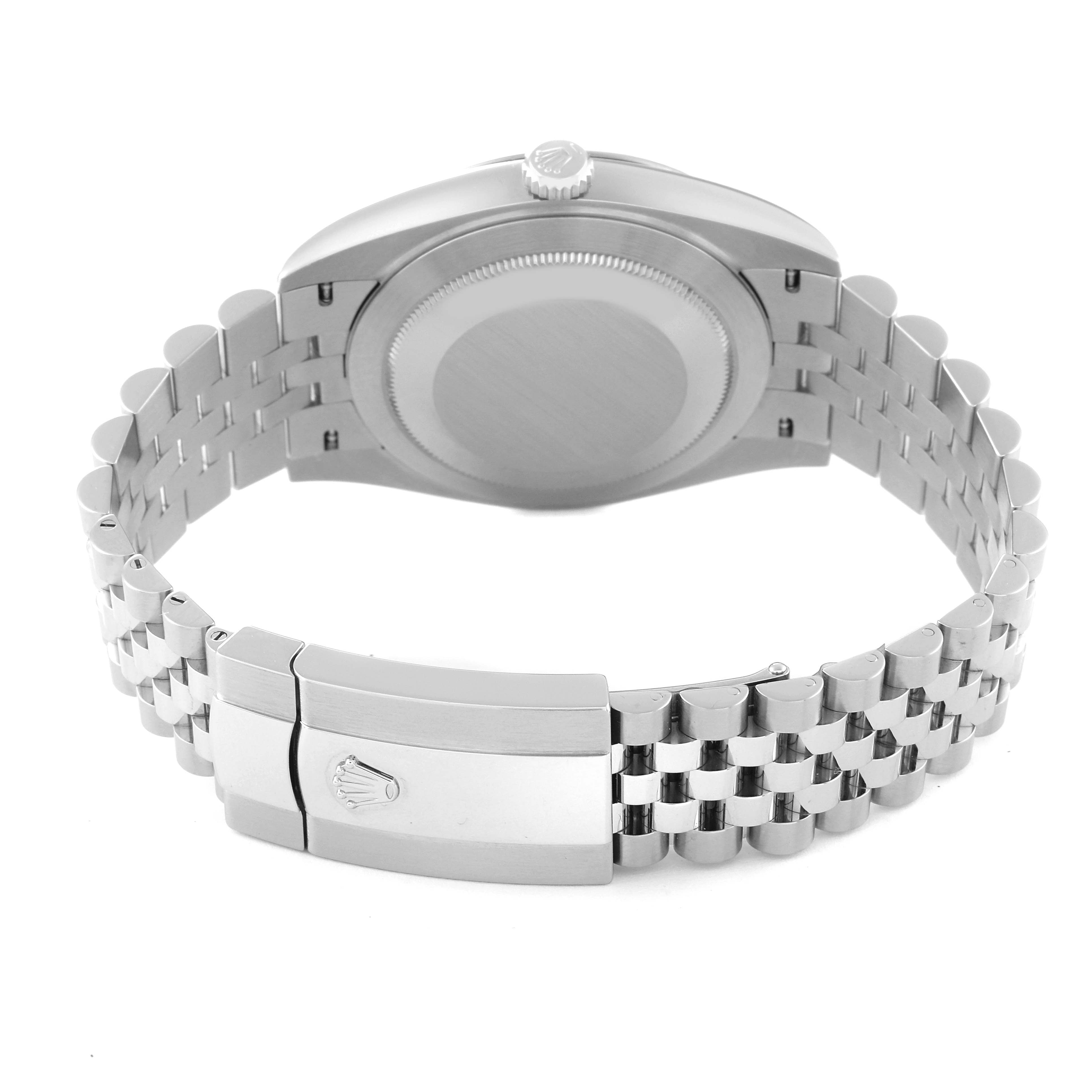 The image shows the back view of a Rolex Datejust 41 126334 Men
s Stainless Steel Blue Dial 126334 Men
s Stainless Steel Blue Dial, highlighting its caseback and bracelet with clasp.