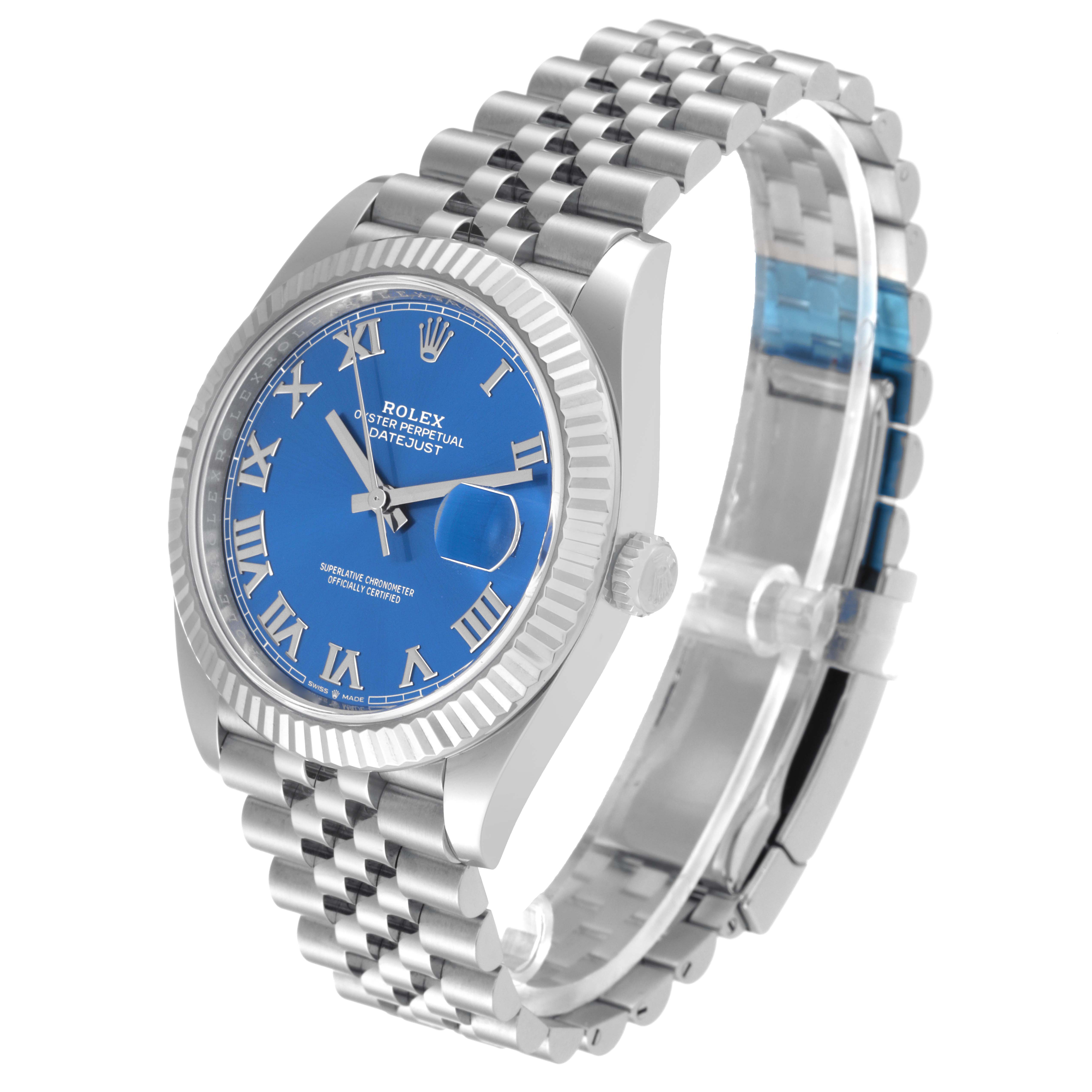 The image shows a Rolex Datejust 41 126334 Men
s Stainless Steel Blue Dial 126334 Men
s Stainless Steel Blue Dial watch at a three-quarter angle, highlighting its blue dial, Roman numerals, fluted bezel, and Jubilee bracelet.