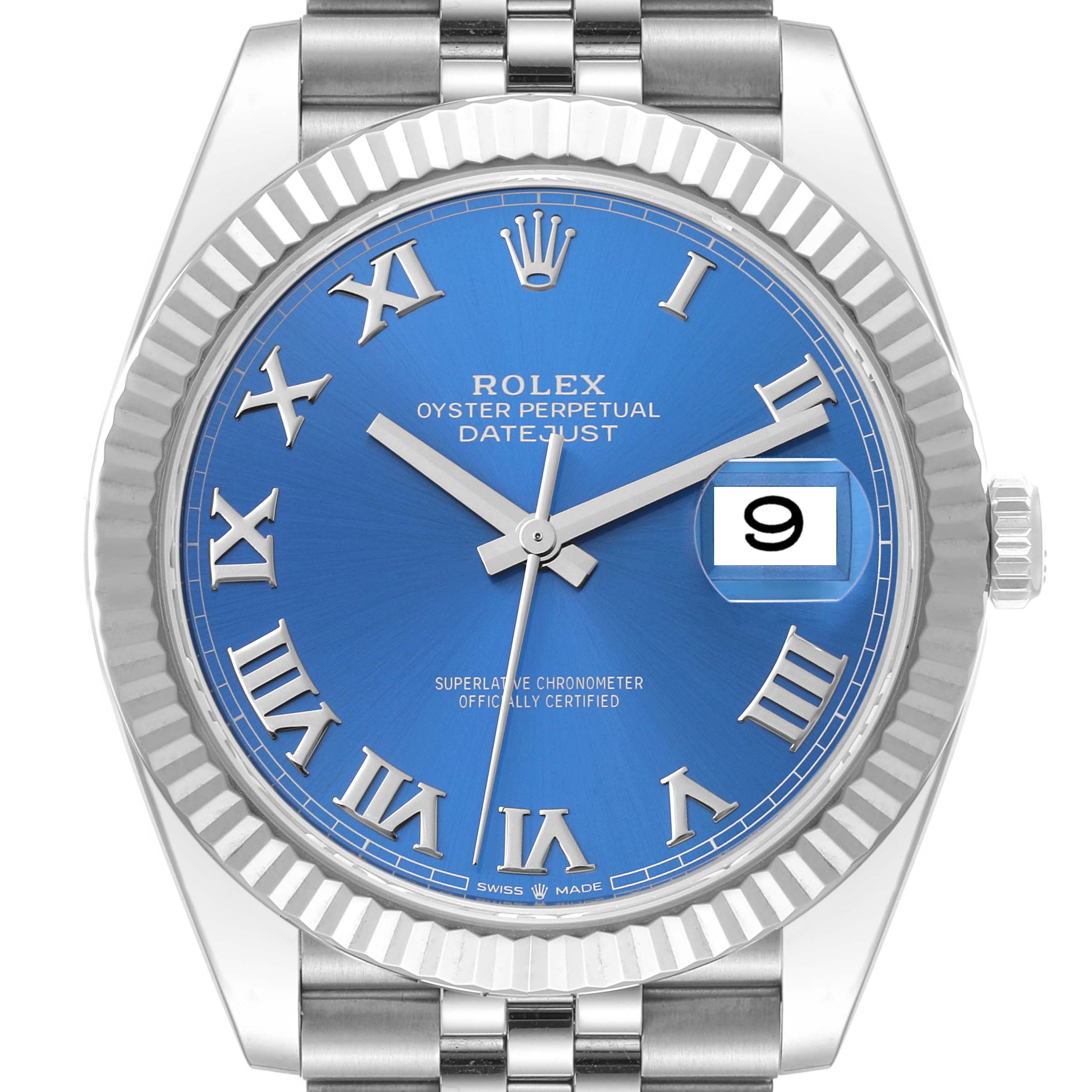 This image shows a front view of the Rolex Datejust 41 126334 Men
s Stainless Steel Blue Dial 126334 Men
s Stainless Steel Blue Dial watch, highlighting the blue dial, fluted bezel, and jubilee bracelet.