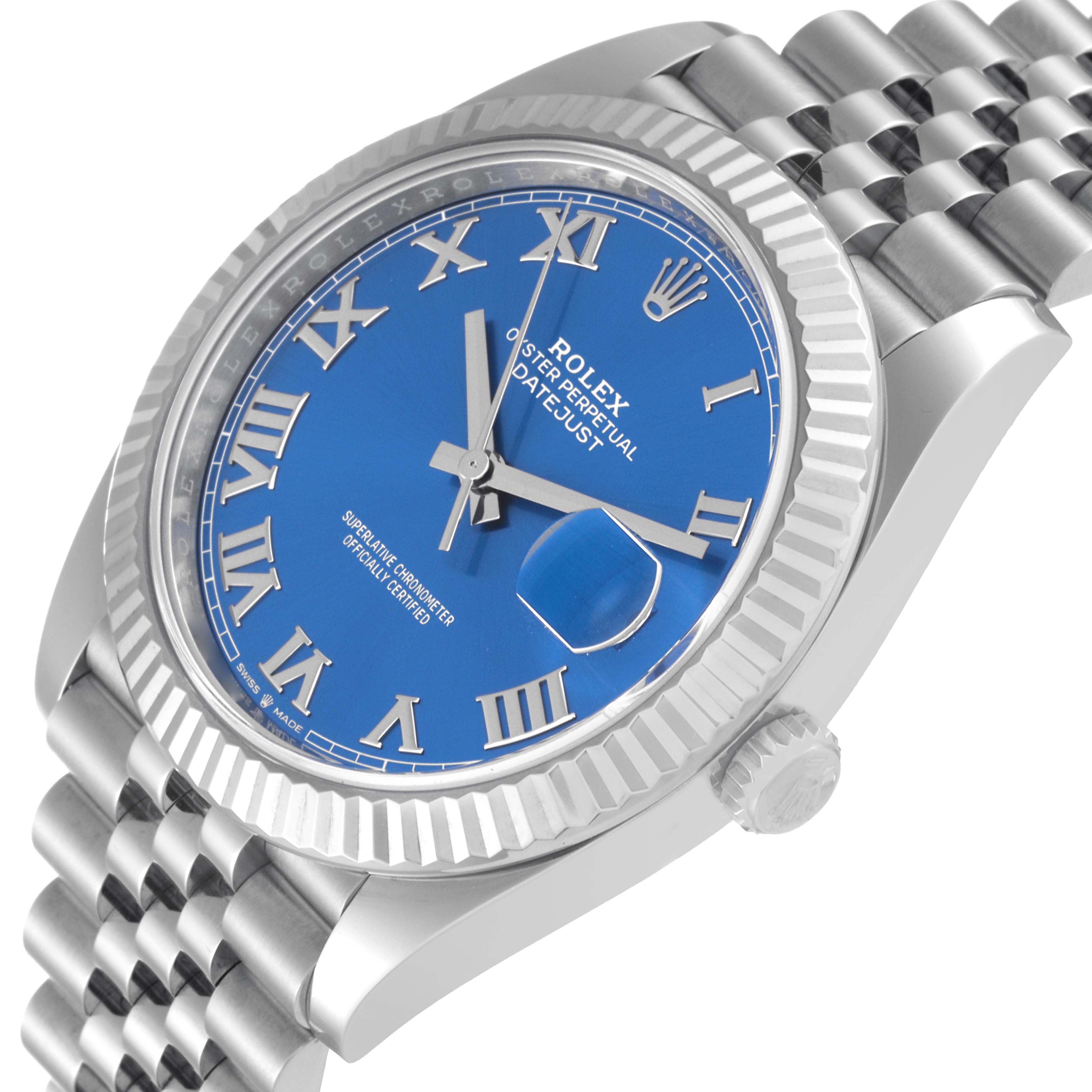 This image displays a close-up angle of the Rolex Datejust 41 126334 Men
s Stainless Steel Blue Dial 126334 Men
s Stainless Steel Blue Dial watch, highlighting its blue dial, fluted bezel, and Jubilee bracelet.