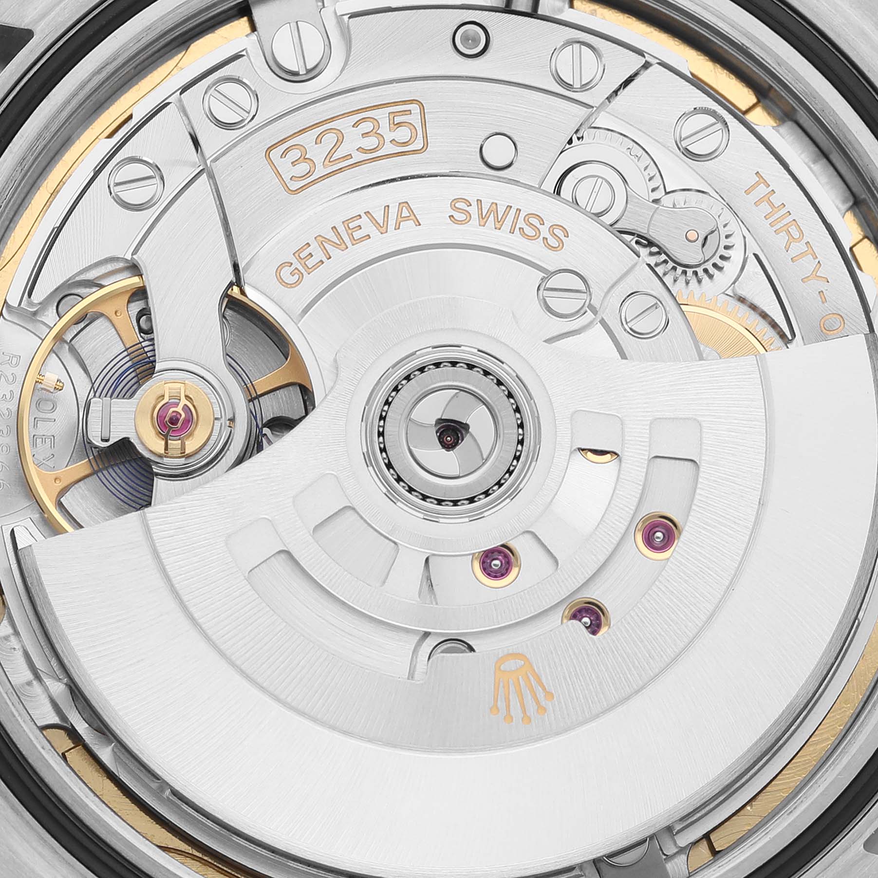 This image shows the intricate internal movement of the Rolex Datejust 41 126334 Men
s Stainless Steel Blue Dial 126334 Men
s Stainless Steel Blue Dial model from a close-up, top-down angle.