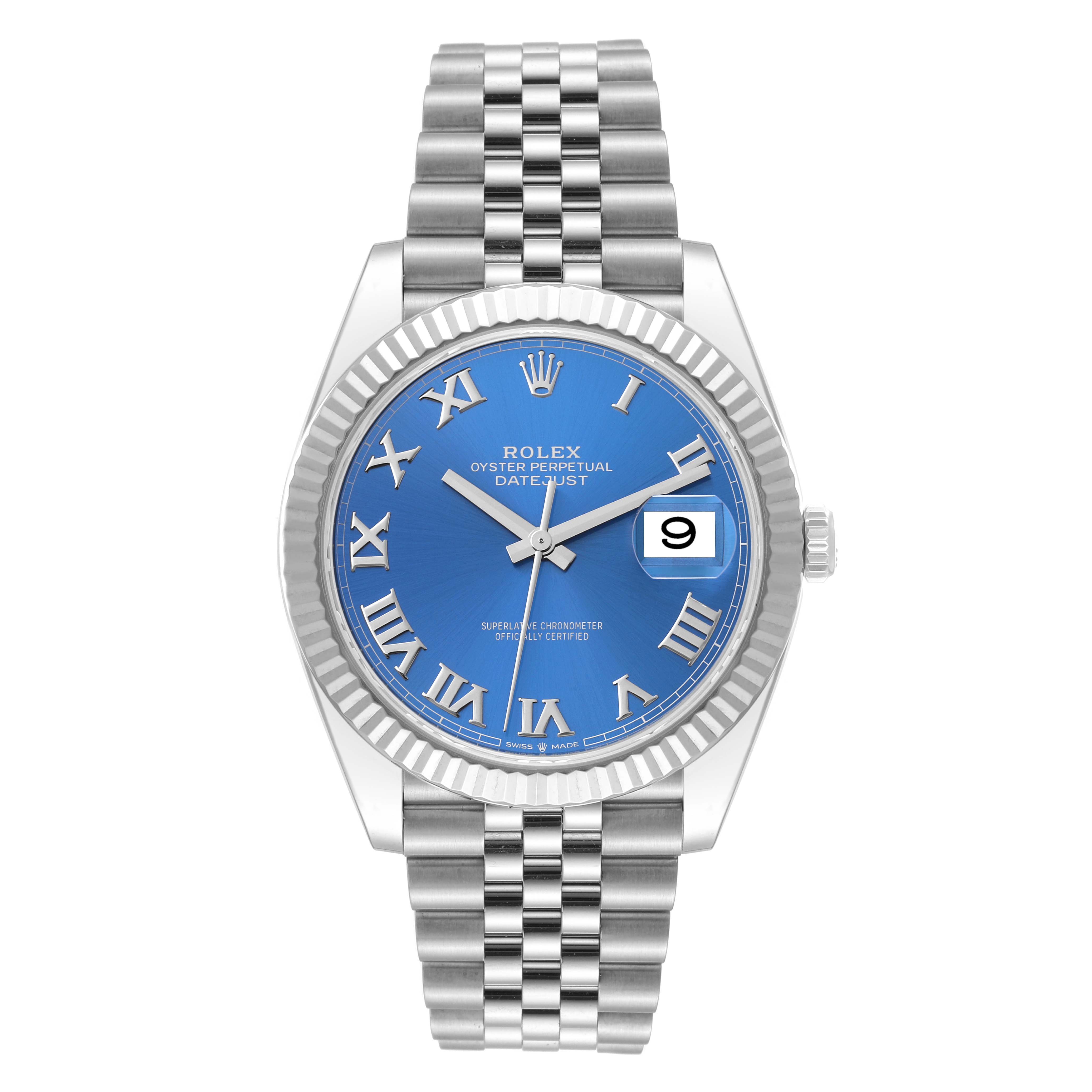 The image shows a frontal view of the Rolex Datejust 41 126334 Men
s Stainless Steel Blue Dial 126334 Men
s Stainless Steel Blue Dial watch, highlighting its blue dial, Roman numerals, fluted bezel, and jubilee bracelet.