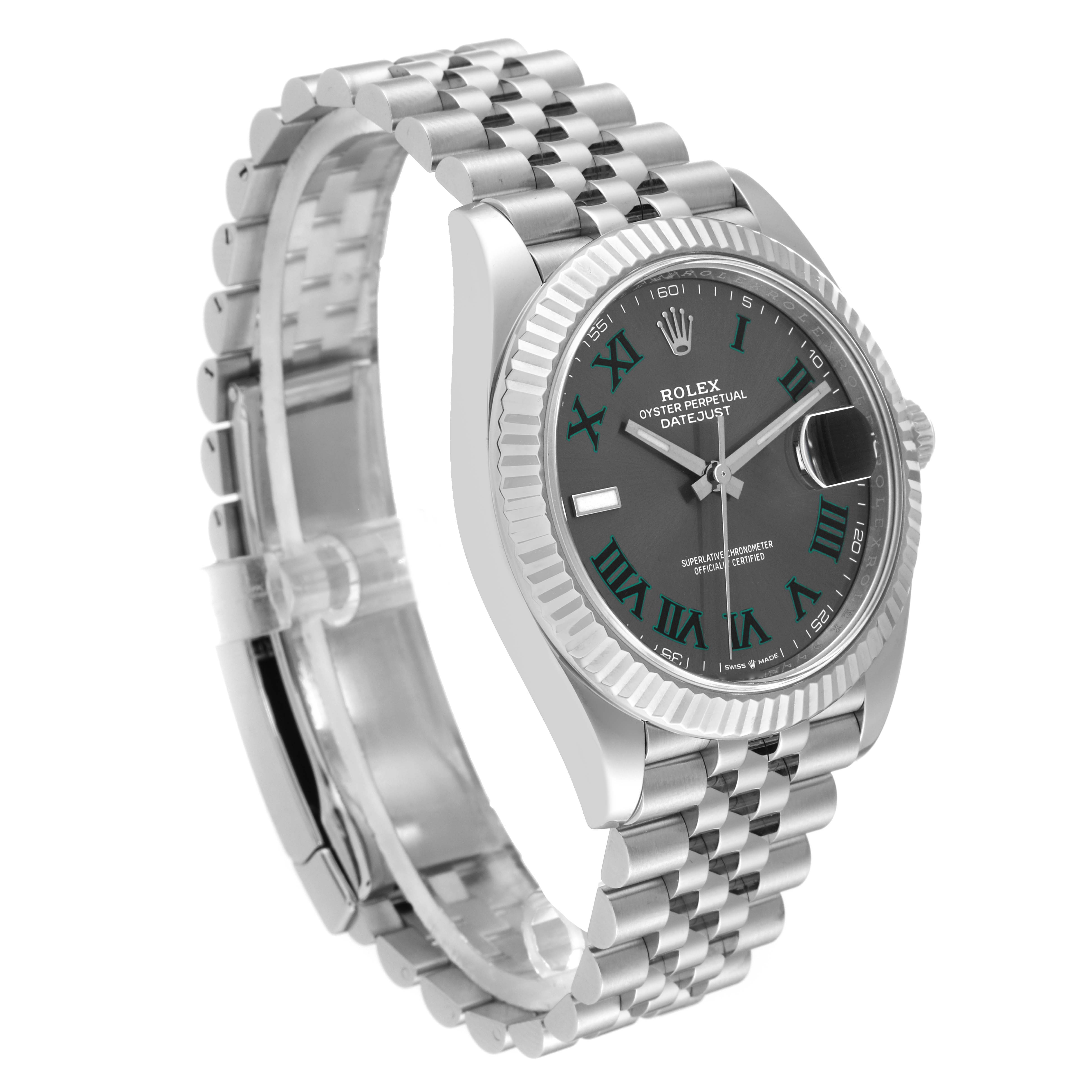 The image shows a Rolex Datejust 41 126334 Men
s Stainless Steel Grey Dial 126334 Men
s Stainless Steel Grey Dial watch at a three-quarter angle, highlighting the dial, fluted bezel, and jubilee bracelet.