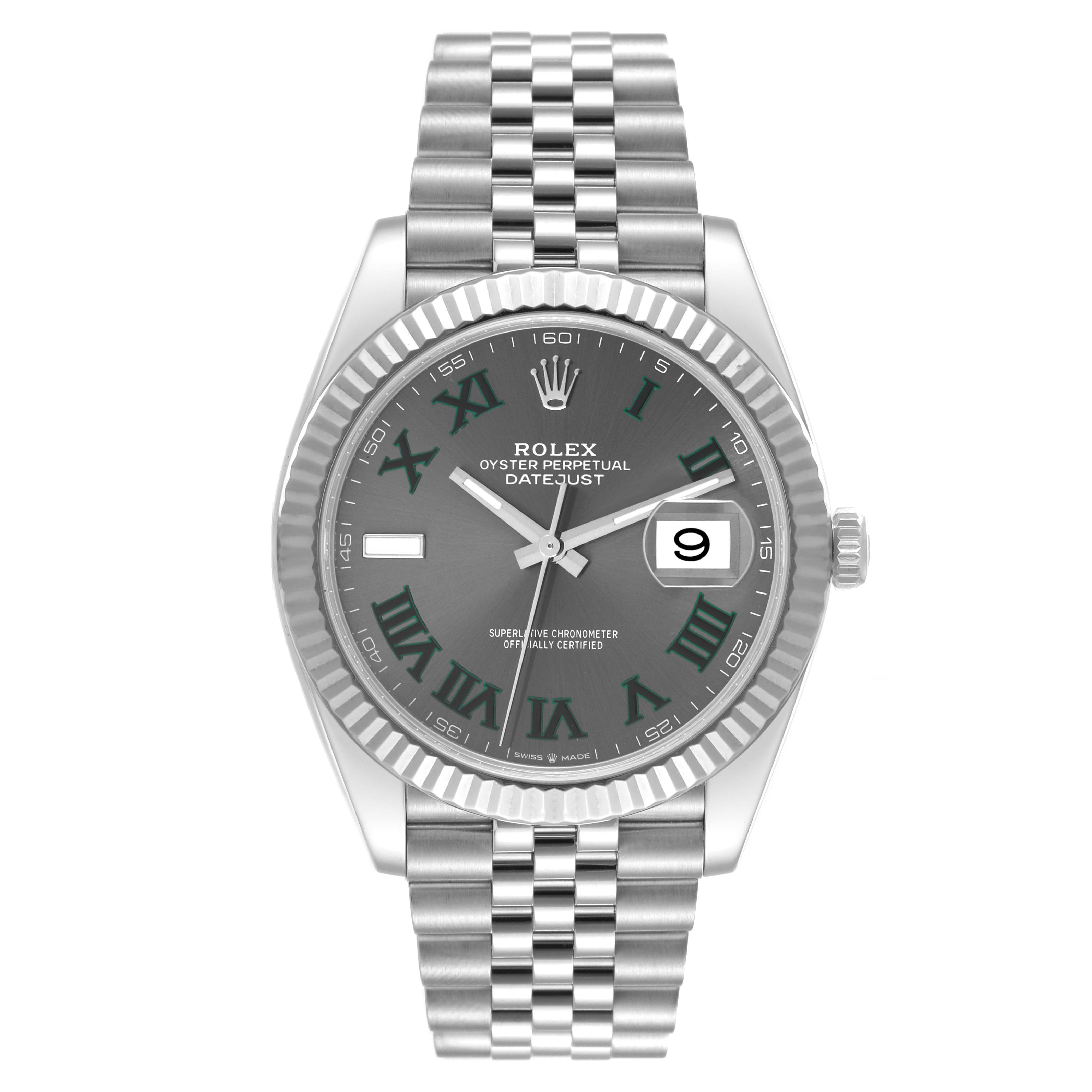 This image shows a front view of the Rolex Datejust 41 126334 Men
s Stainless Steel Grey Dial 126334 Men
s Stainless Steel Grey Dial, displaying the dial, hands, date window, bezel, and bracelet.