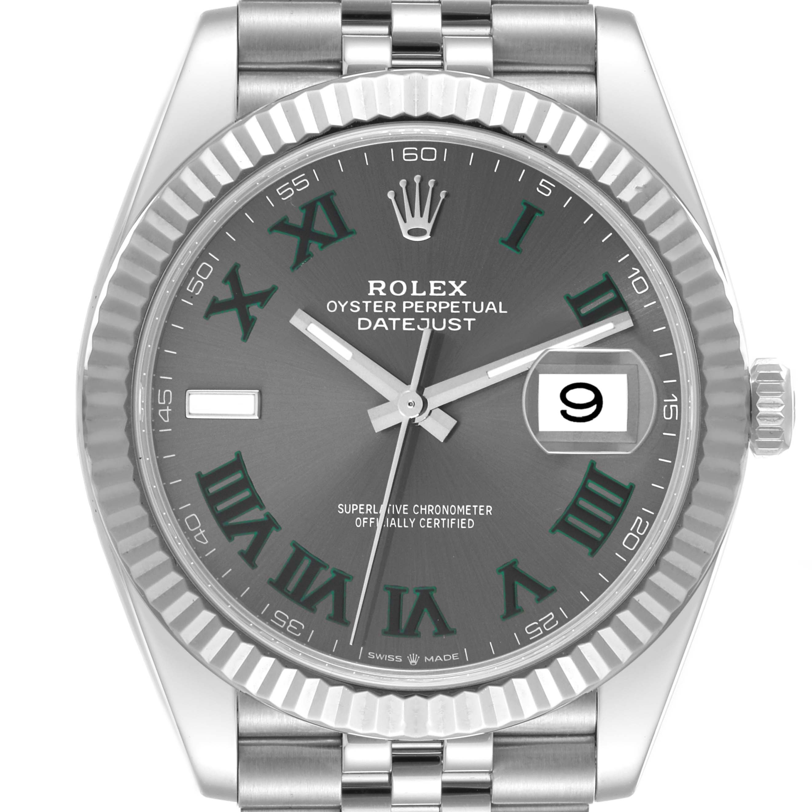 The image shows a frontal view of a Rolex Datejust 41 126334 Men
s Stainless Steel Grey Dial 126334 Men
s Stainless Steel Grey Dial watch, displaying its gray dial, fluted bezel, and date window.