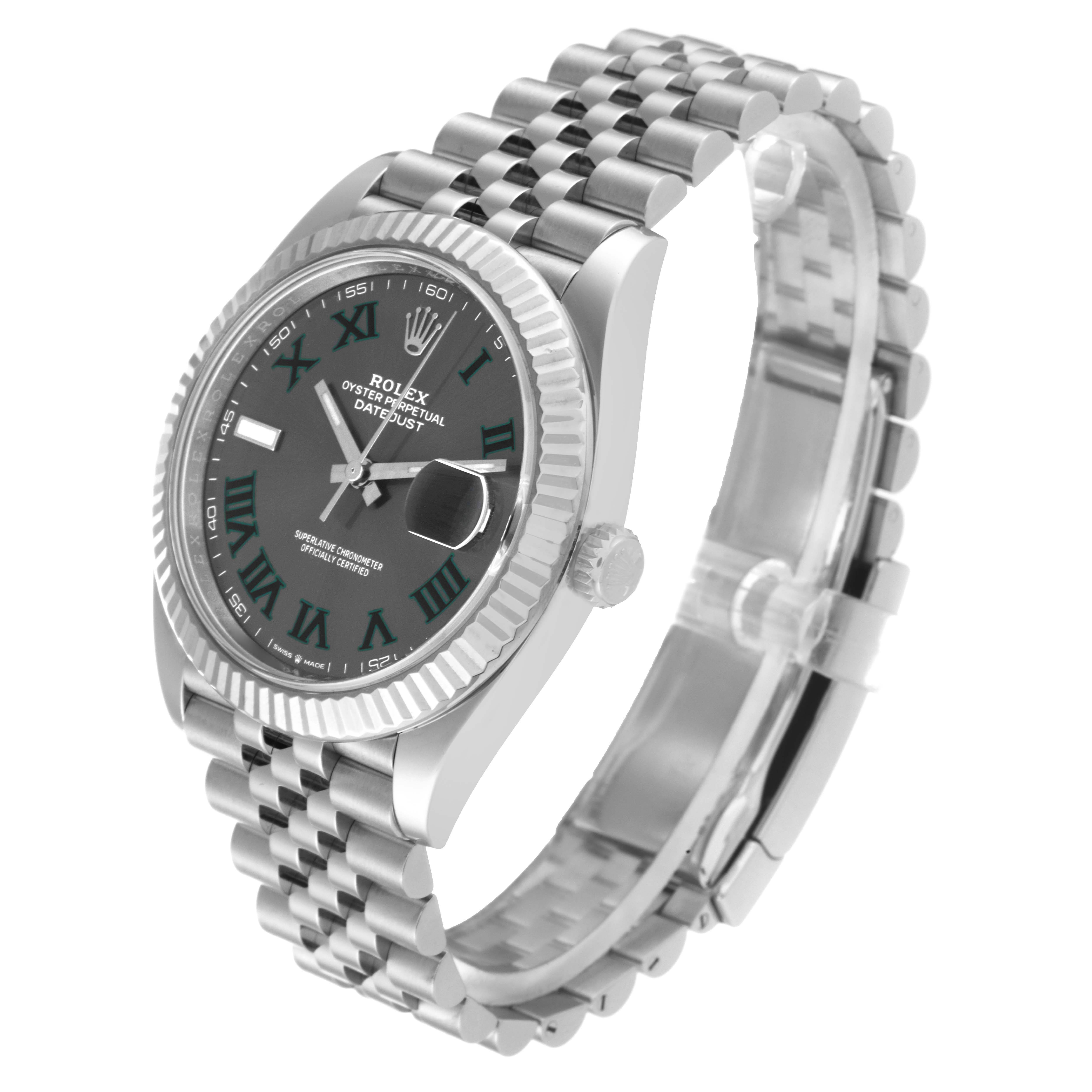 The image shows a Rolex Datejust 41 126334 Men
s Stainless Steel Grey Dial 126334 Men
s Stainless Steel Grey Dial watch at a three-quarter angle, highlighting the dial, crown, and Jubilee bracelet.