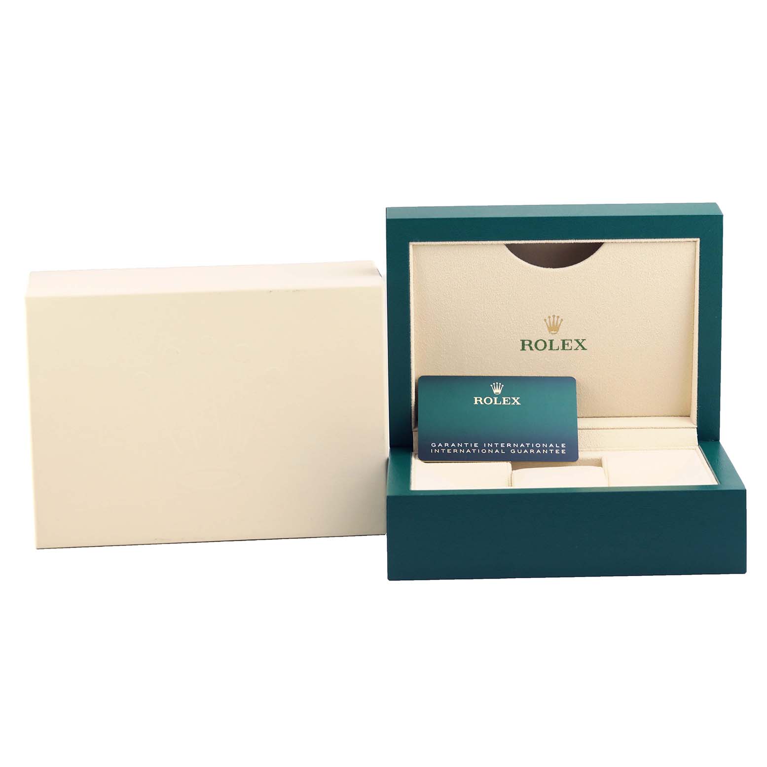 This image shows the packaging and warranty card for the Rolex Datejust 41 126334 Men
s Stainless Steel Grey Dial 126334 Men
s Stainless Steel Grey Dial, with the watch box open and the outer box to the side.
