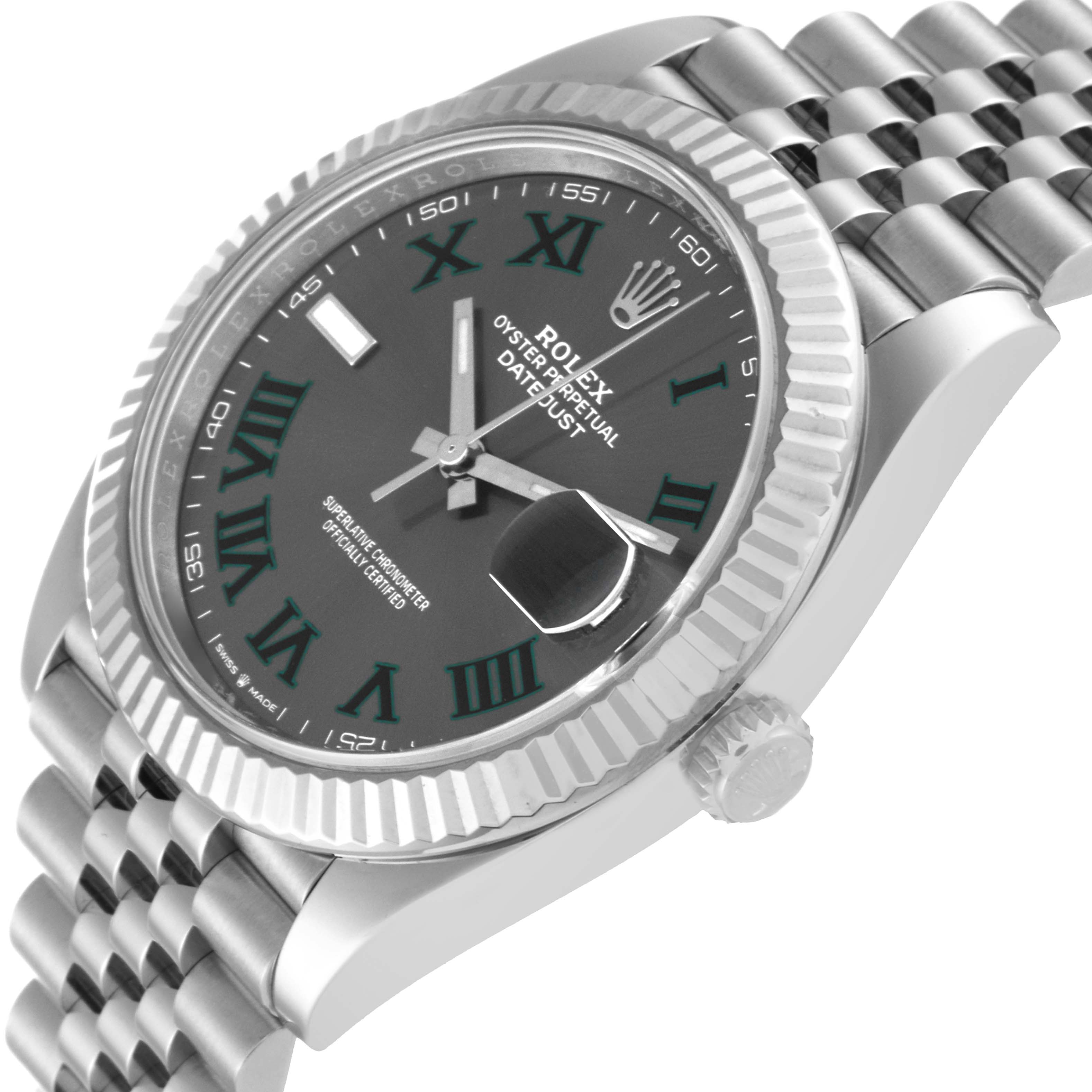 The image shows a Rolex Datejust 41 126334 Men
s Stainless Steel Grey Dial 126334 Men
s Stainless Steel Grey Dial watch angled to highlight the face, fluted bezel, and part of the bracelet.