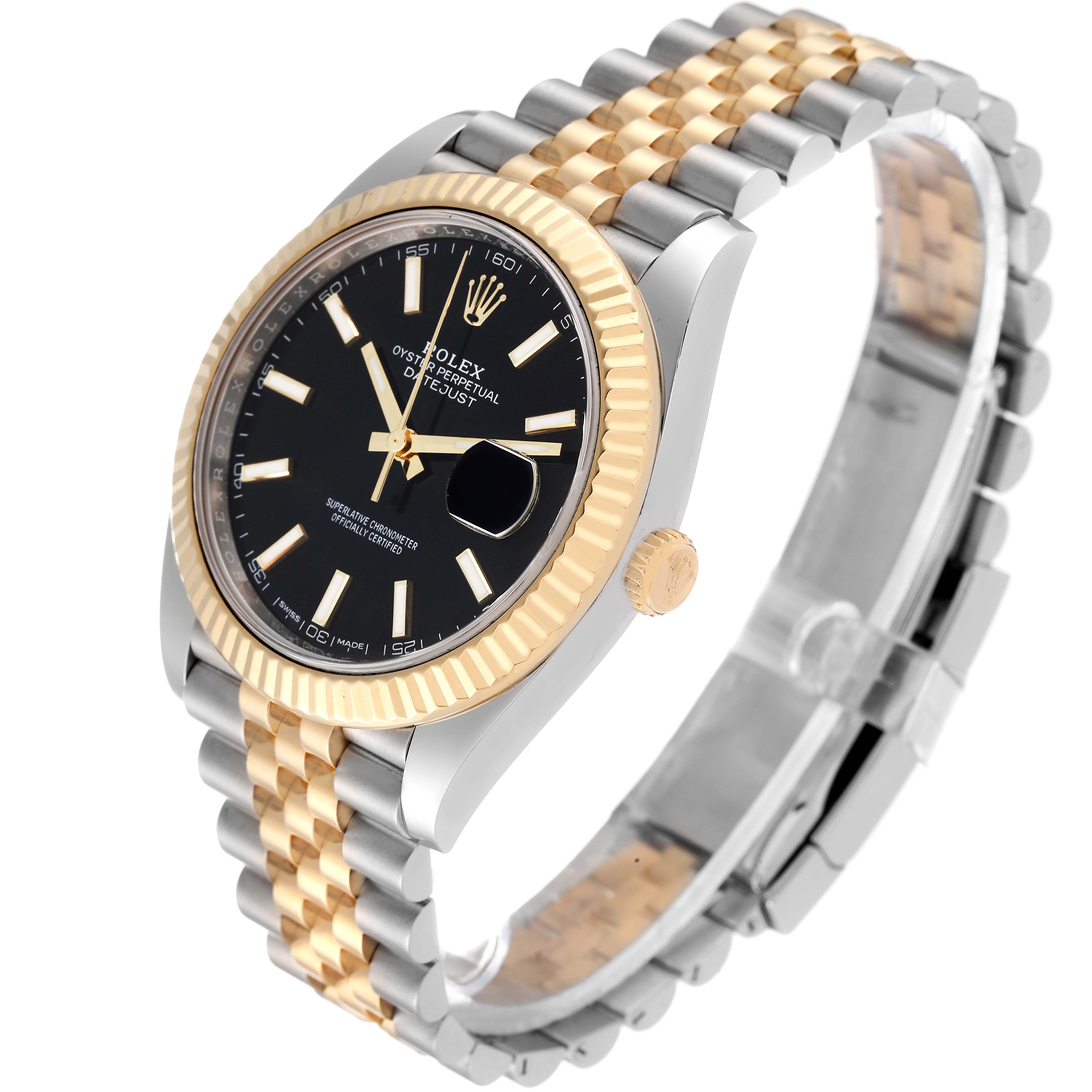 The image shows a side angle of a Rolex Datejust 41 126333 Men's Steel and Gold (two tone) Black Dial 126333 Men's Steel and Gold (two tone) Black Dial watch featuring a two-tone bracelet and a black dial with a cyclops lens date window.
