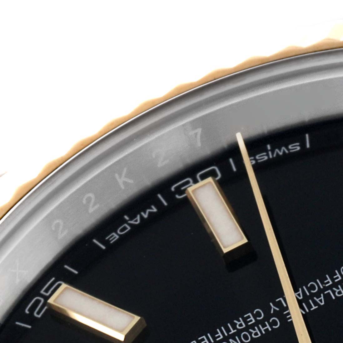 The image shows a close-up of the dial and fluted bezel of a Rolex Datejust 41 126333 Men's Steel and Gold (two tone) Black Dial 126333 Men's Steel and Gold (two tone) Black Dial watch.