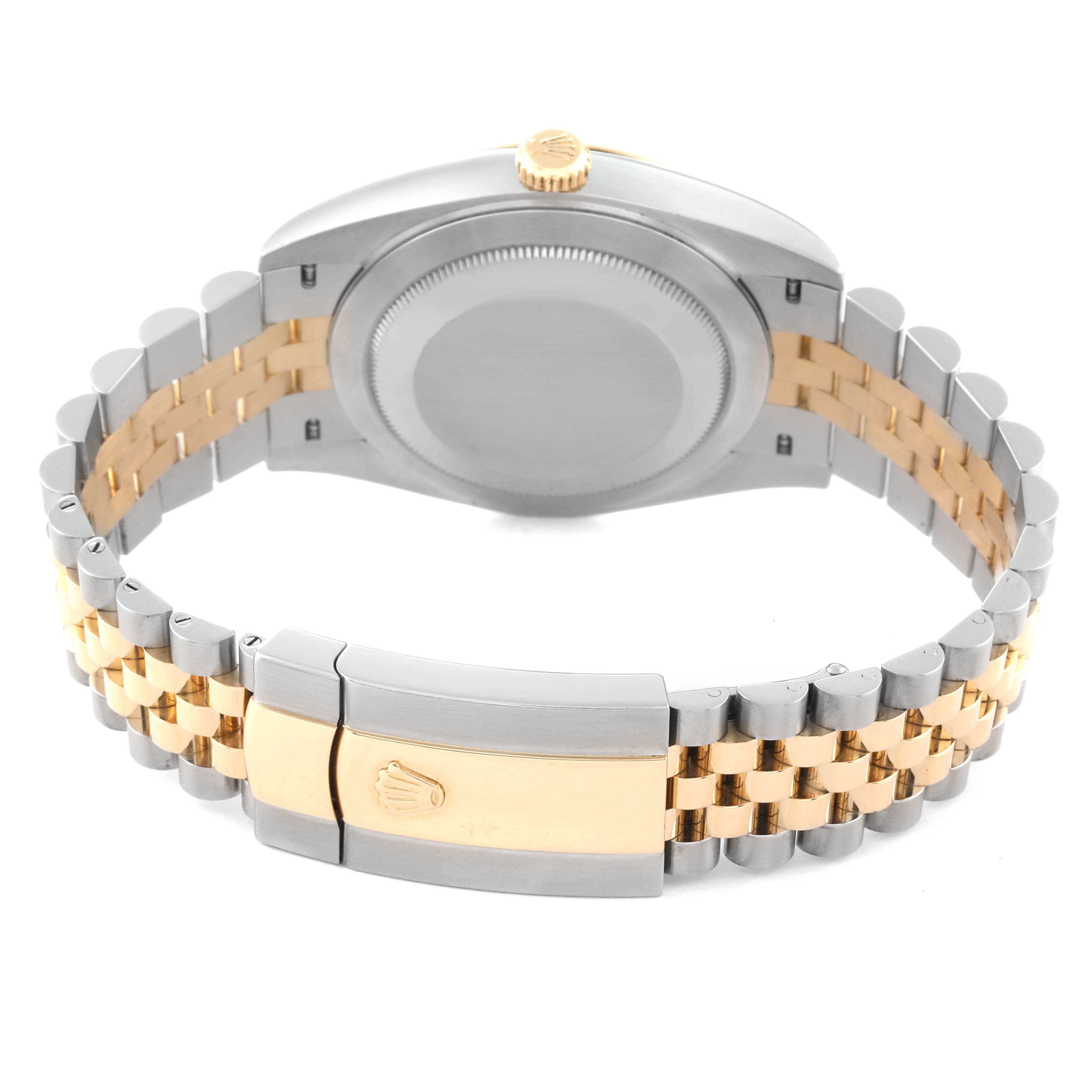 This image shows the back case and the clasped Jubilee bracelet of the Rolex Datejust 41 126333 Men's Steel and Gold (two tone) Black Dial 126333 Men's Steel and Gold (two tone) Black Dial model from a rear angle.