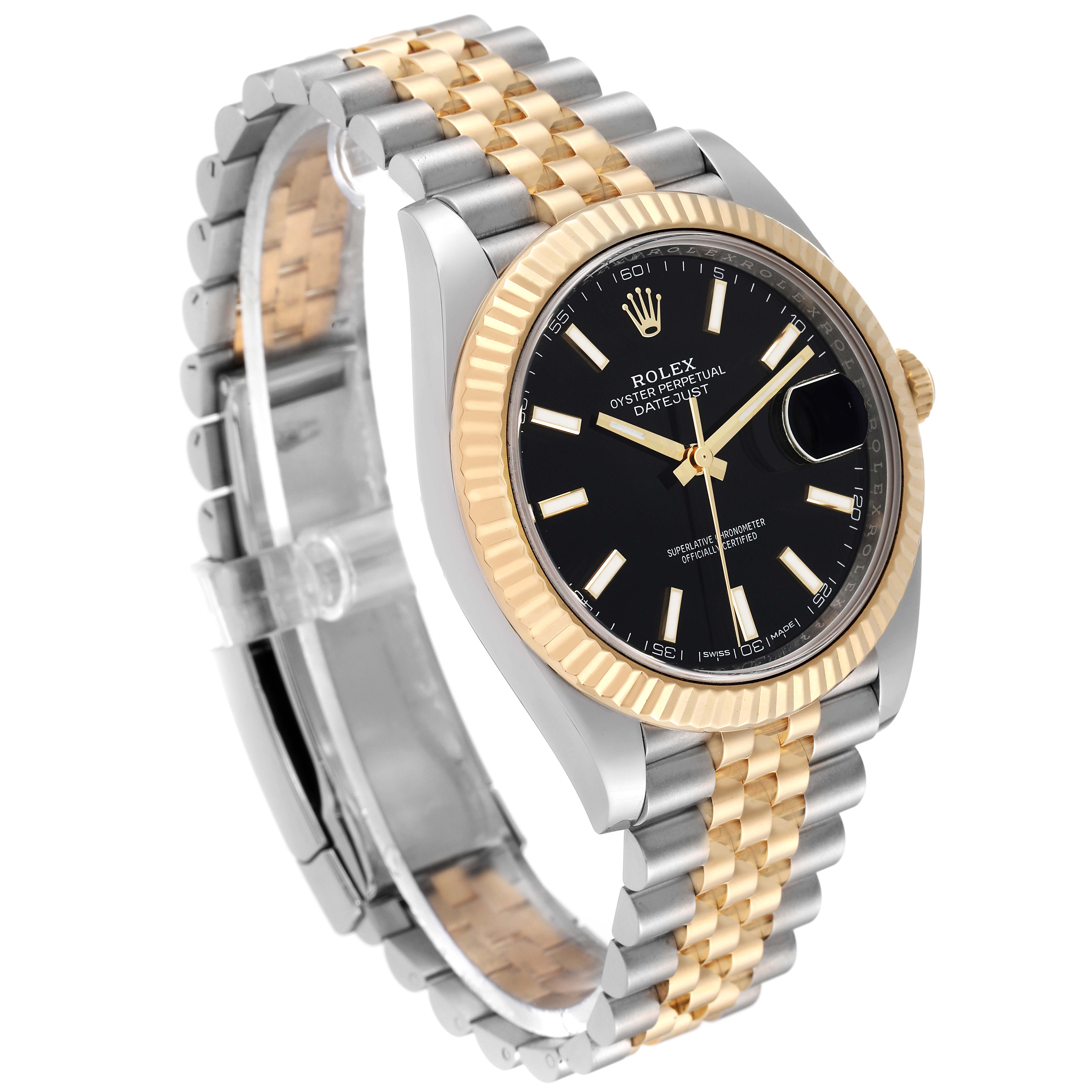 The image shows a Rolex Datejust 41 126333 Men's Steel and Gold (two tone) Black Dial 126333 Men's Steel and Gold (two tone) Black Dial model watch at a three-quarter angle, displaying its black dial, fluted bezel, and two-tone bracelet.