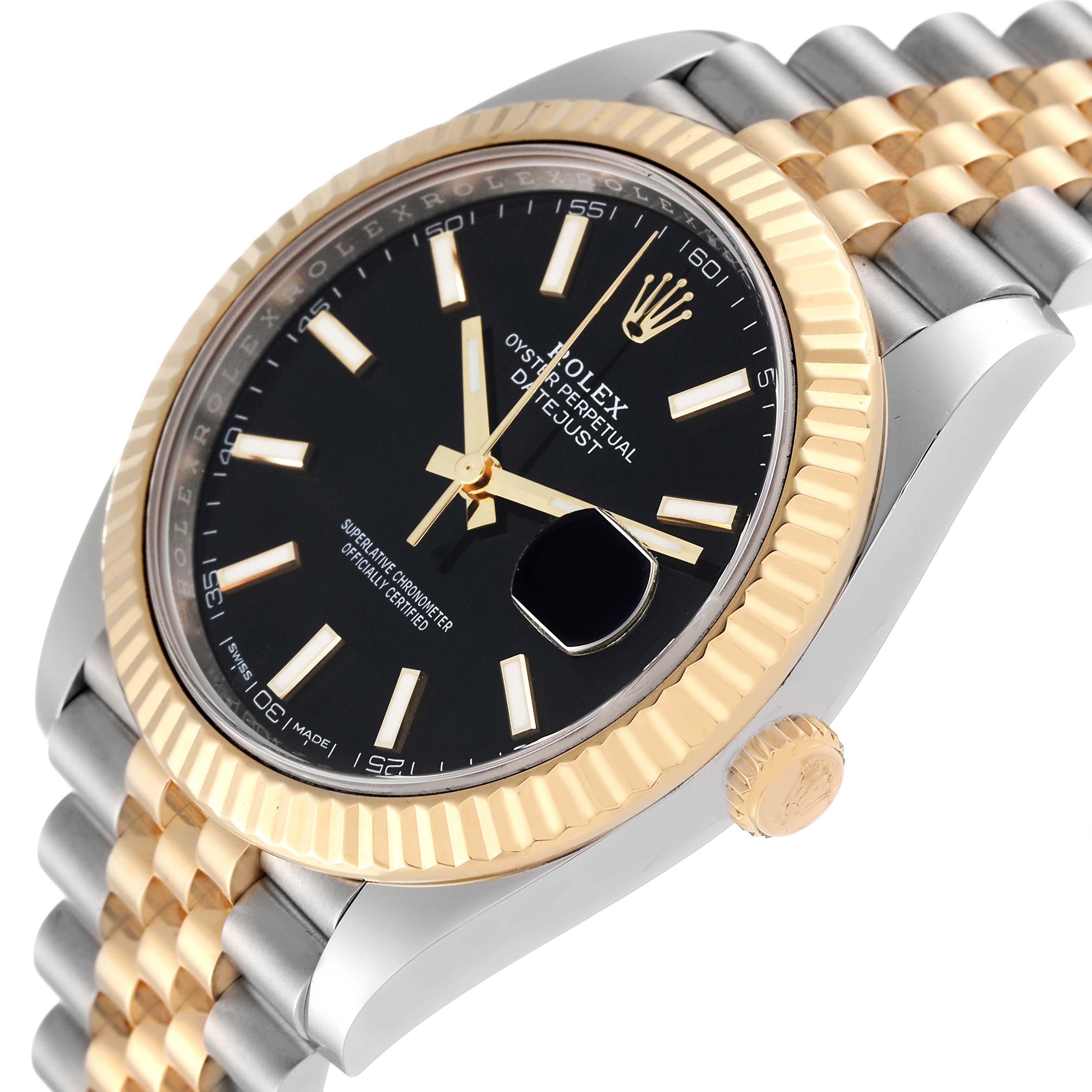 The Rolex Datejust 41 126333 Men's Steel and Gold (two tone) Black Dial 126333 Men's Steel and Gold (two tone) Black Dial is shown at an angled close-up, highlighting the dial, bezel, and part of the bracelet.