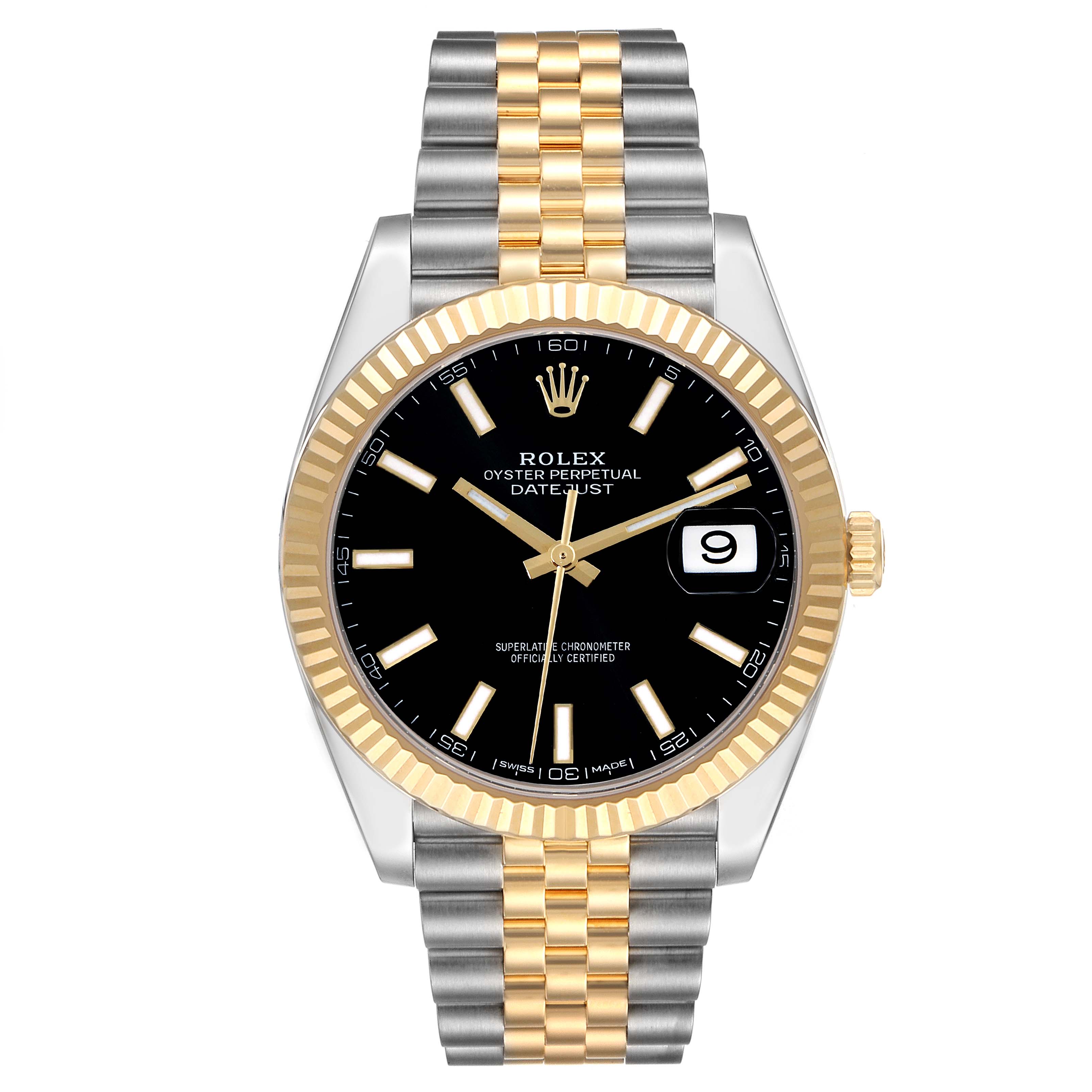 The image shows a front view of a Rolex Datejust 41 126333 Men's Steel and Gold (two tone) Black Dial 126333 Men's Steel and Gold (two tone) Black Dial watch with a two-tone gold and silver bracelet and a black dial.