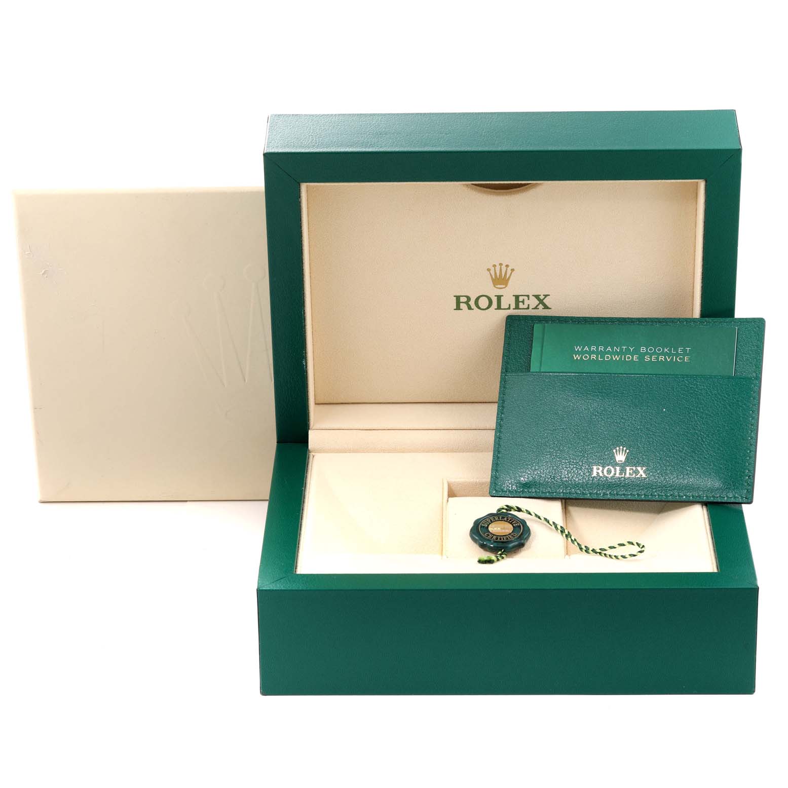 The image shows the open box of a Rolex Datejust 41 126333 Men's Steel and Gold (two tone) Black Dial 126333 Men's Steel and Gold (two tone) Black Dial, including the warranty booklet, box, and accessory tag.