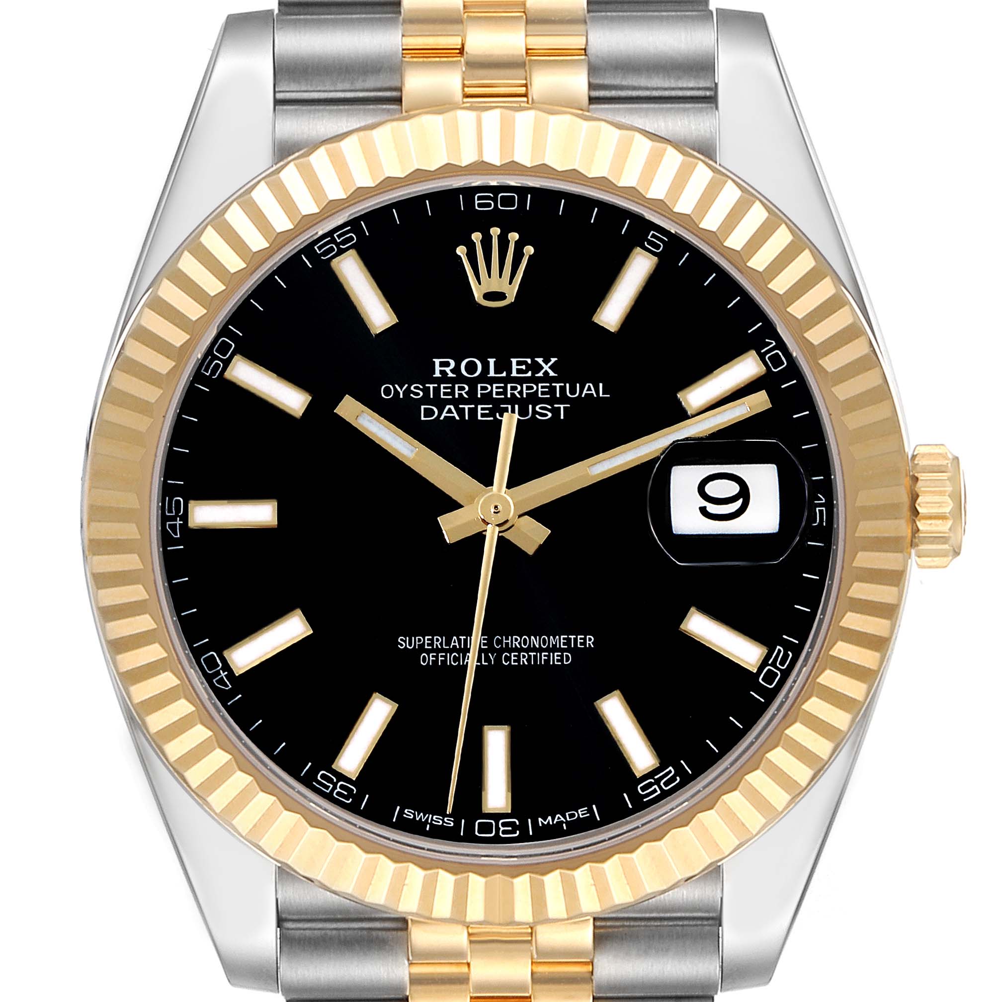 This image shows a front view of a Rolex Datejust 41 126333 Men's Steel and Gold (two tone) Black Dial 126333 Men's Steel and Gold (two tone) Black Dial watch, showcasing its black dial, gold fluted bezel, and two-tone bracelet.