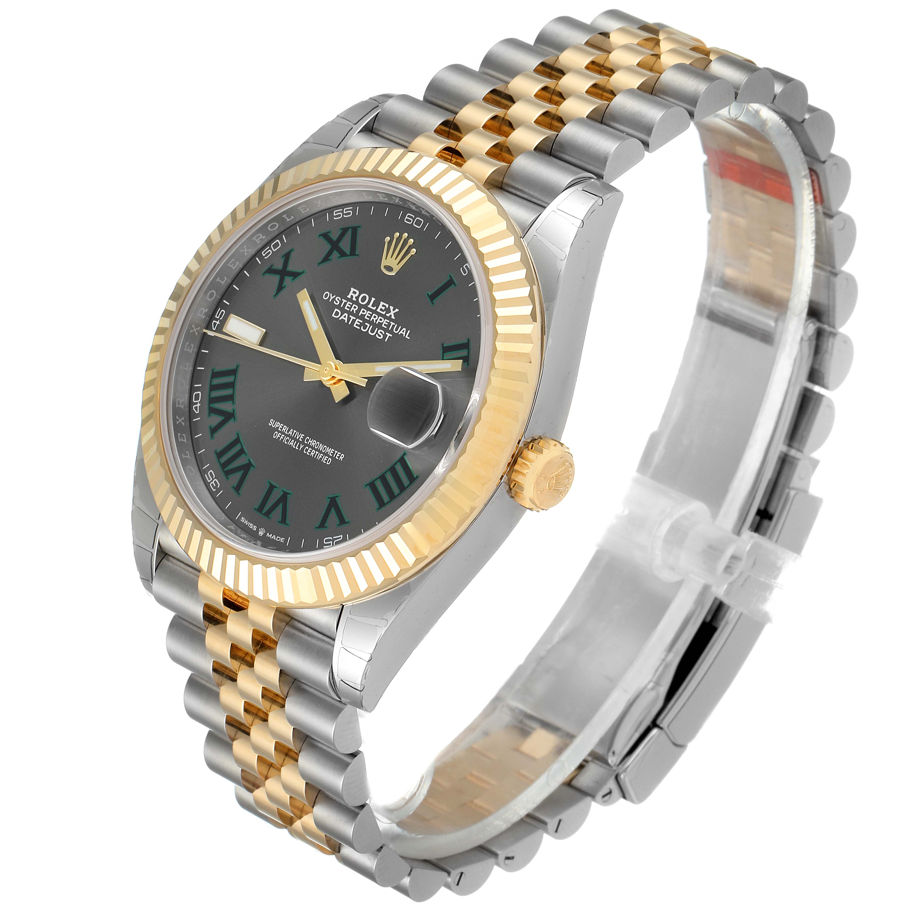 This image shows a Rolex Datejust 41 126333 Men's Steel and Gold (two tone) Grey Dial 126333 Men's Steel and Gold (two tone) Grey Dial watch from an angled perspective, highlighting its dial, bezel, crown, and two-tone bracelet.