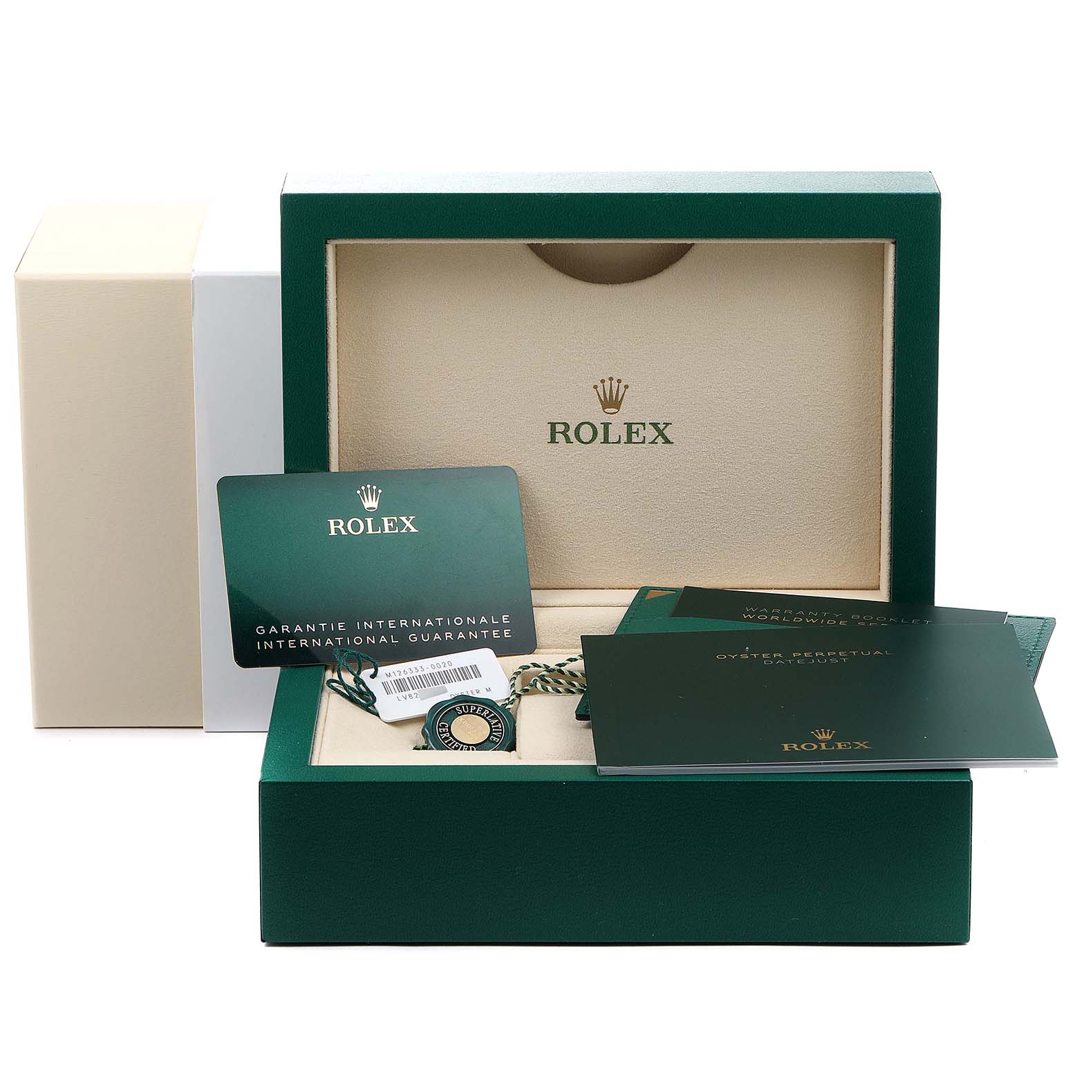 The image shows the packaging and accessories for the Rolex Datejust 41 126333 Men's Steel and Gold (two tone) Grey Dial 126333 Men's Steel and Gold (two tone) Grey Dial, including the warranty card, booklet, and a green box.