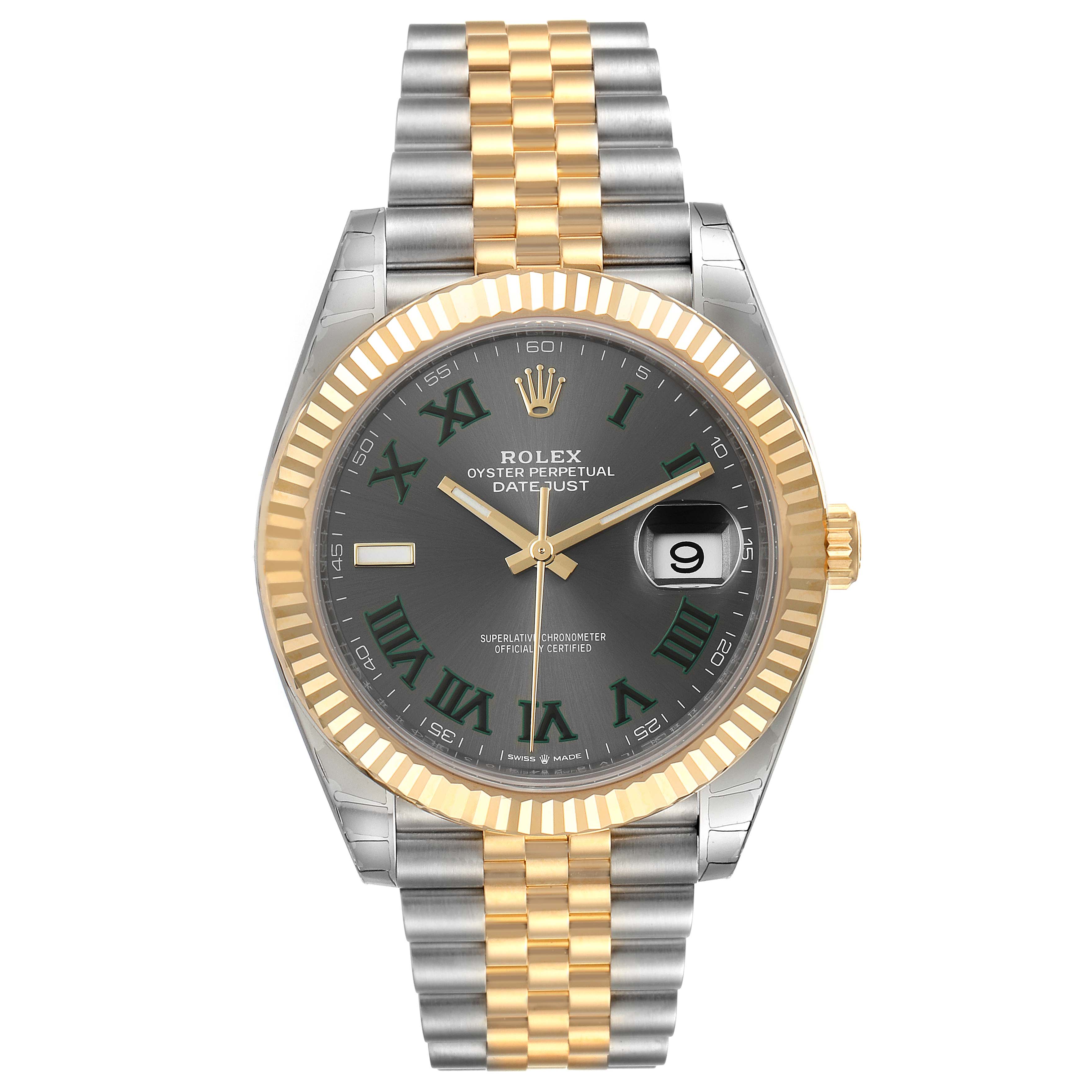 The image shows a front view of the Rolex Datejust 41 126333 Men's Steel and Gold (two tone) Grey Dial 126333 Men's Steel and Gold (two tone) Grey Dial, displaying its face, bezel, and bracelet.