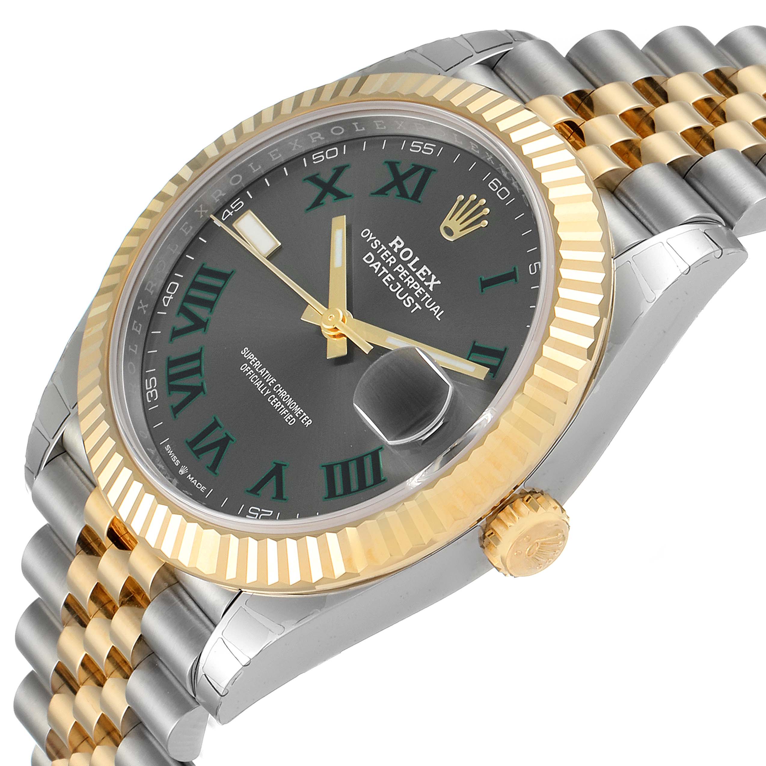 The image shows a side view of the Rolex Datejust 41 126333 Men's Steel and Gold (two tone) Grey Dial 126333 Men's Steel and Gold (two tone) Grey Dial watch, highlighting its bracelet, crown, bezel, and dial.