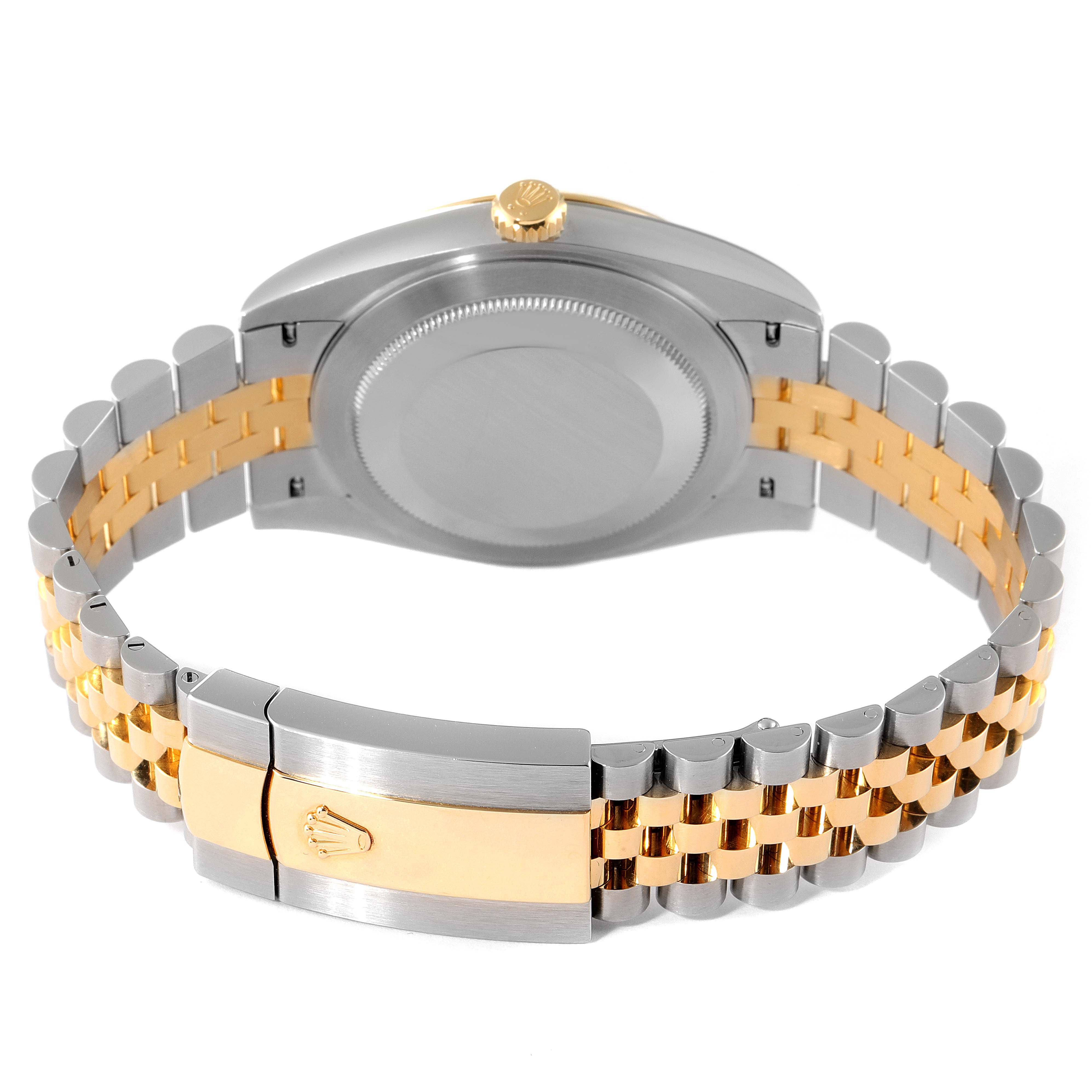 The image shows the backside and clasp of a Rolex Datejust 41 126333 Men's Steel and Gold (two tone) Grey Dial 126333 Men's Steel and Gold (two tone) Grey Dial watch, emphasizing the two-tone metal bracelet.